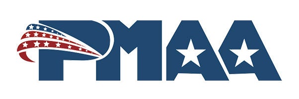 The image features the acronym 'PMAA' in bold blue letters. The letter 'P' is stylized with an American flag motif, incorporating red and white stripes and white stars on a blue background. The letters 'M' and 'A' each contain a white star, reinforcing the patriotic theme. The overall design is clean and modern, with a focus on American symbolism.