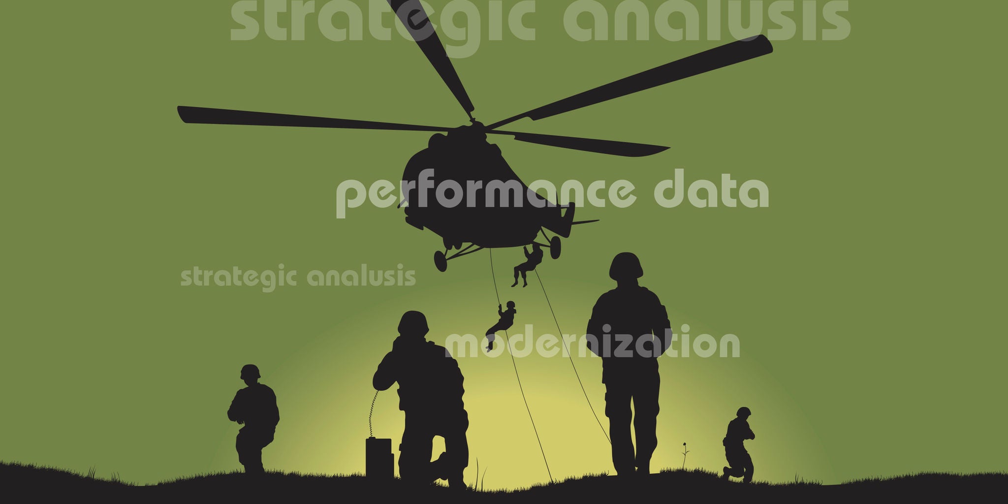 Silhouetted soldiers perform a helicopter extraction operation against a green sky. One figure descends from the helicopter on a rope while others stand or crouch on the ground, preparing equipment. The scene conveys a sense of urgency and teamwork, with a dramatic backlight highlighting the figures. Overlay text includes phrases such as 'strategic analusis,' 'performance data,' and 'modernization.' No visible numbers or identifiable brands are present.