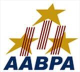 The image features the text 'AABPA' in bold blue letters at the bottom. Above the text, three gold stars are arranged diagonally, each intersected by vertical red stripes. The background is white, creating a clean and professional appearance.
