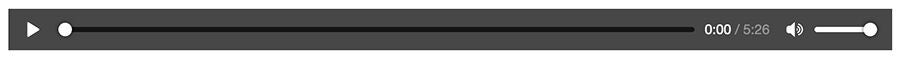 A simple horizontal audio player interface is displayed against a dark background. The player features a play button on the left, a long progress bar in the center, and a time indicator showing 0:00 of 5:28. On the right side, there is a volume control slider with a speaker icon. The overall design is flat and monochromatic, emphasizing clarity and usability.
