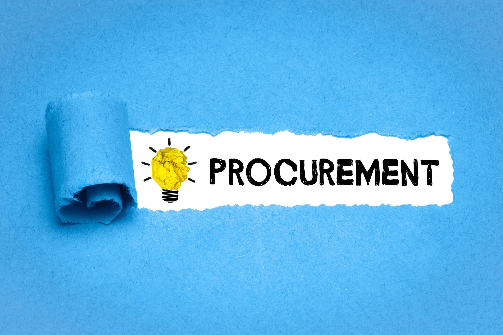 A torn blue paper reveals the word 'PROCUREMENT' written in bold black letters with a yellow lightbulb illustration. The background is vibrant and clean, emphasizing the concept of innovation in procurement. The image conveys a professional and creative tone.