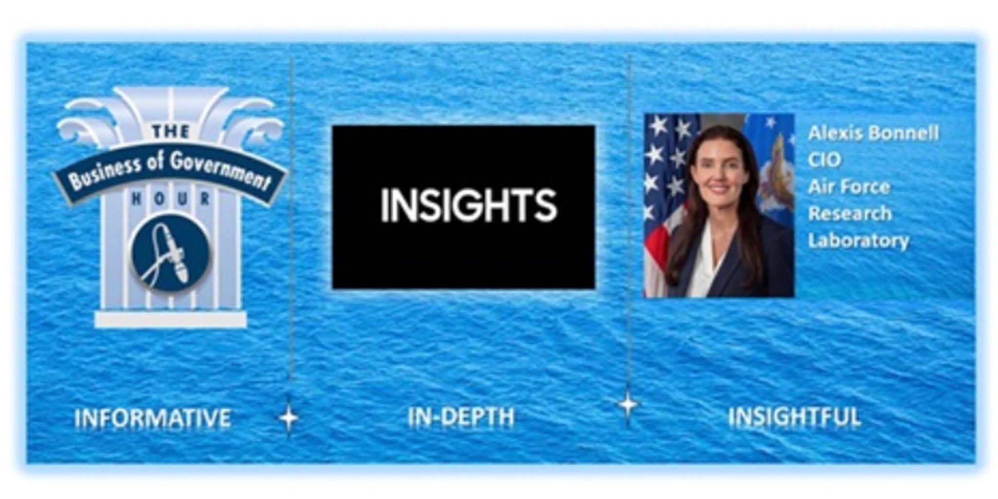 A promotional banner featuring 'The Business of Government Hour' with a focus on insights and informative content. The design includes a blue ocean background, a logo with text, and the word 'INSIGHTS' prominently displayed. Additional text highlights the themes of 'Informative,' 'In-Depth,' and 'Insightful.'