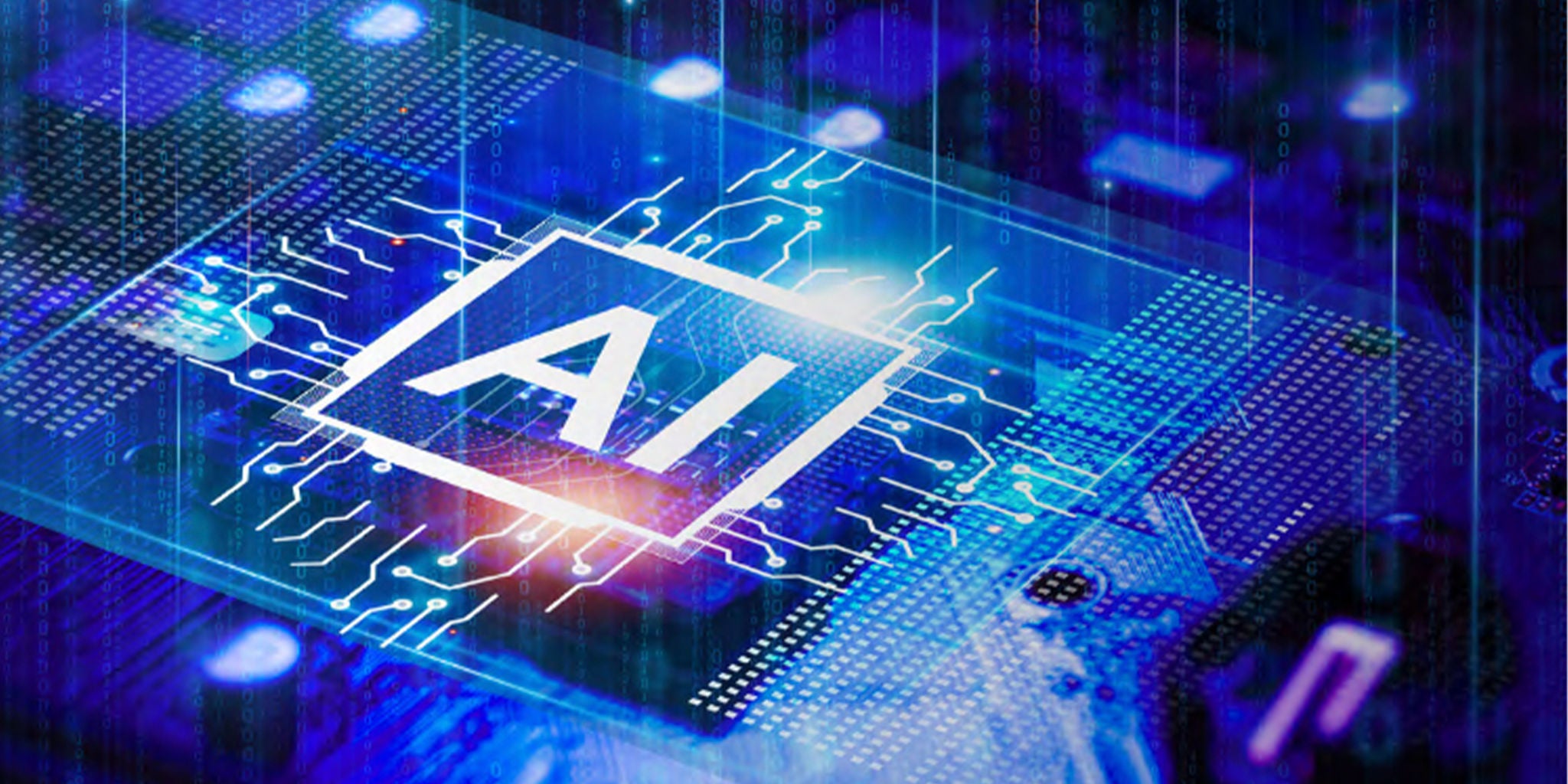 A futuristic depiction of artificial intelligence featuring a glowing 'AI' symbol at the center of a circuit board. The image showcases intricate digital circuits illuminated in blue and purple tones, emphasizing advanced technology. The setting conveys innovation and the integration of AI in modern computing.