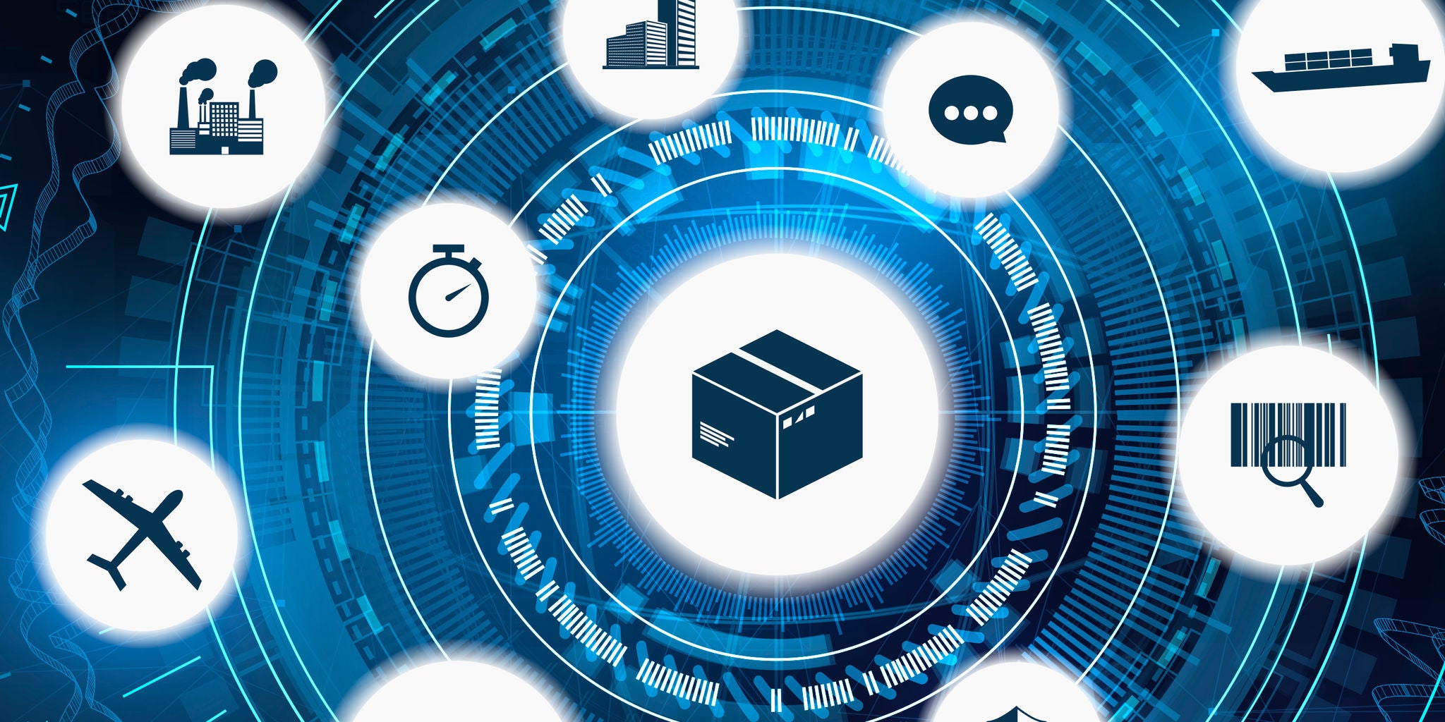 A central package icon is surrounded by various logistics and supply chain symbols, including a barcode, stopwatch, airplane, ship, and factory. The setting is a futuristic digital interface with blue tones and circular graphic elements. The image conveys a high-tech, connected mood, emphasizing efficiency and global transportation. No visible text or numeric values are present.