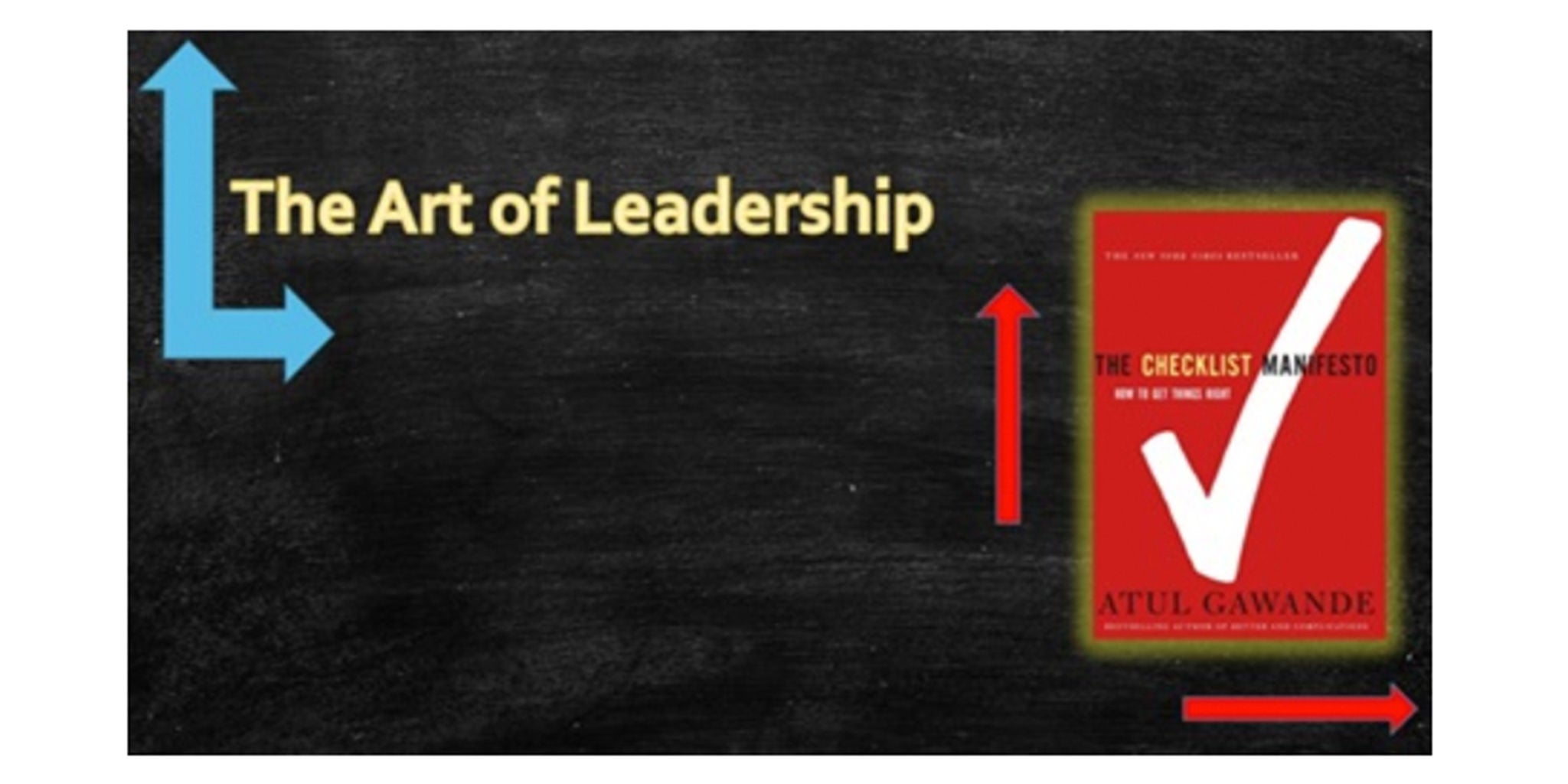 A visually engaging image featuring the phrase 'The Art of Leadership' alongside the book 'The Checklist Manifesto' by Atul Gawande. The book cover is red with a prominent white checkmark and bold text. The background is a blackboard-style texture with colorful arrows pointing to key elements.