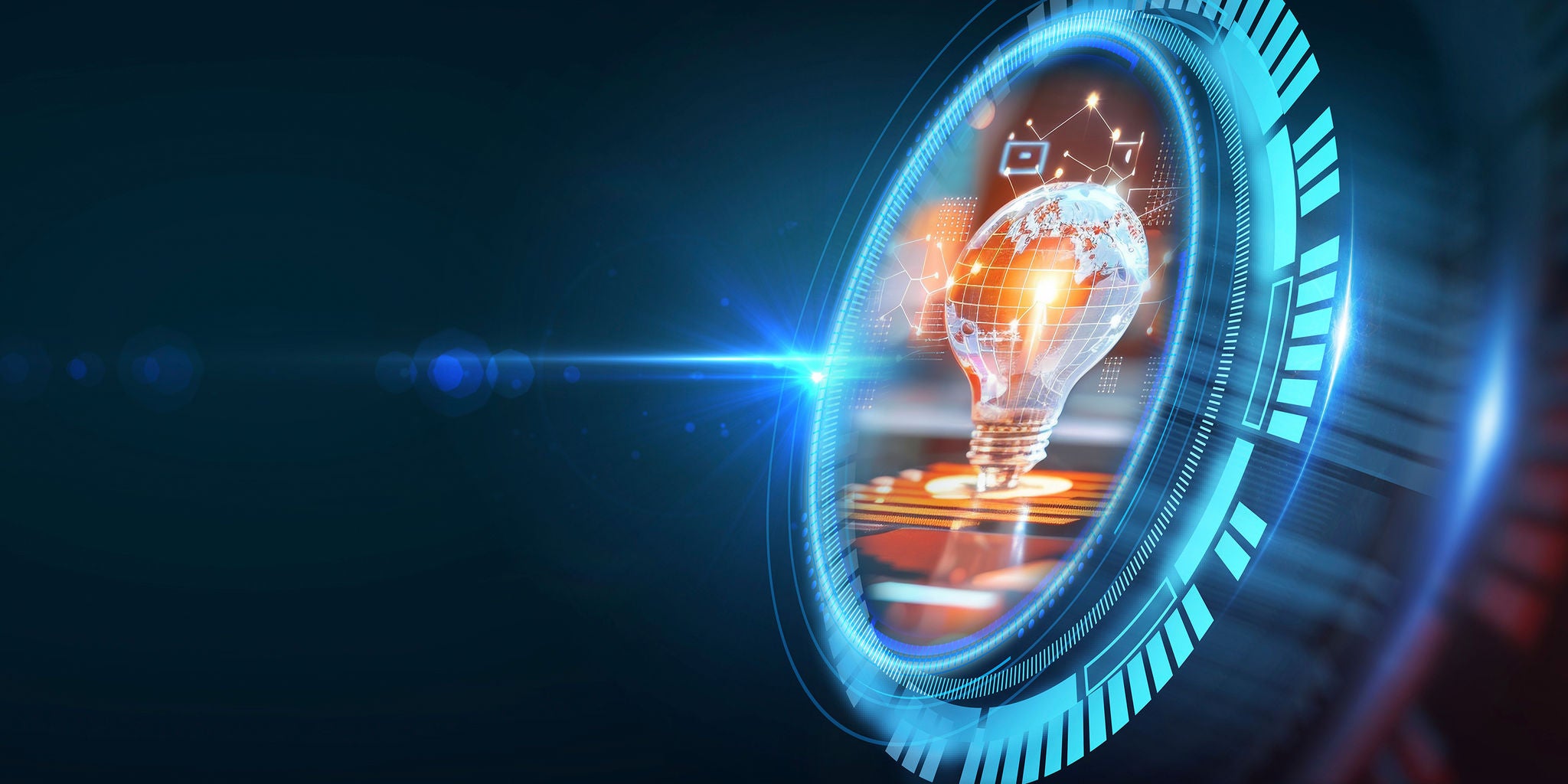 A glowing lightbulb is displayed within a high-tech digital interface, symbolizing innovation and technology. The background features a dark blue gradient with abstract circuit and data visuals, enhancing the modern and futuristic atmosphere. The image conveys a sense of creativity, progress, and advanced solutions. No visible text or numeric values are present in the image.
