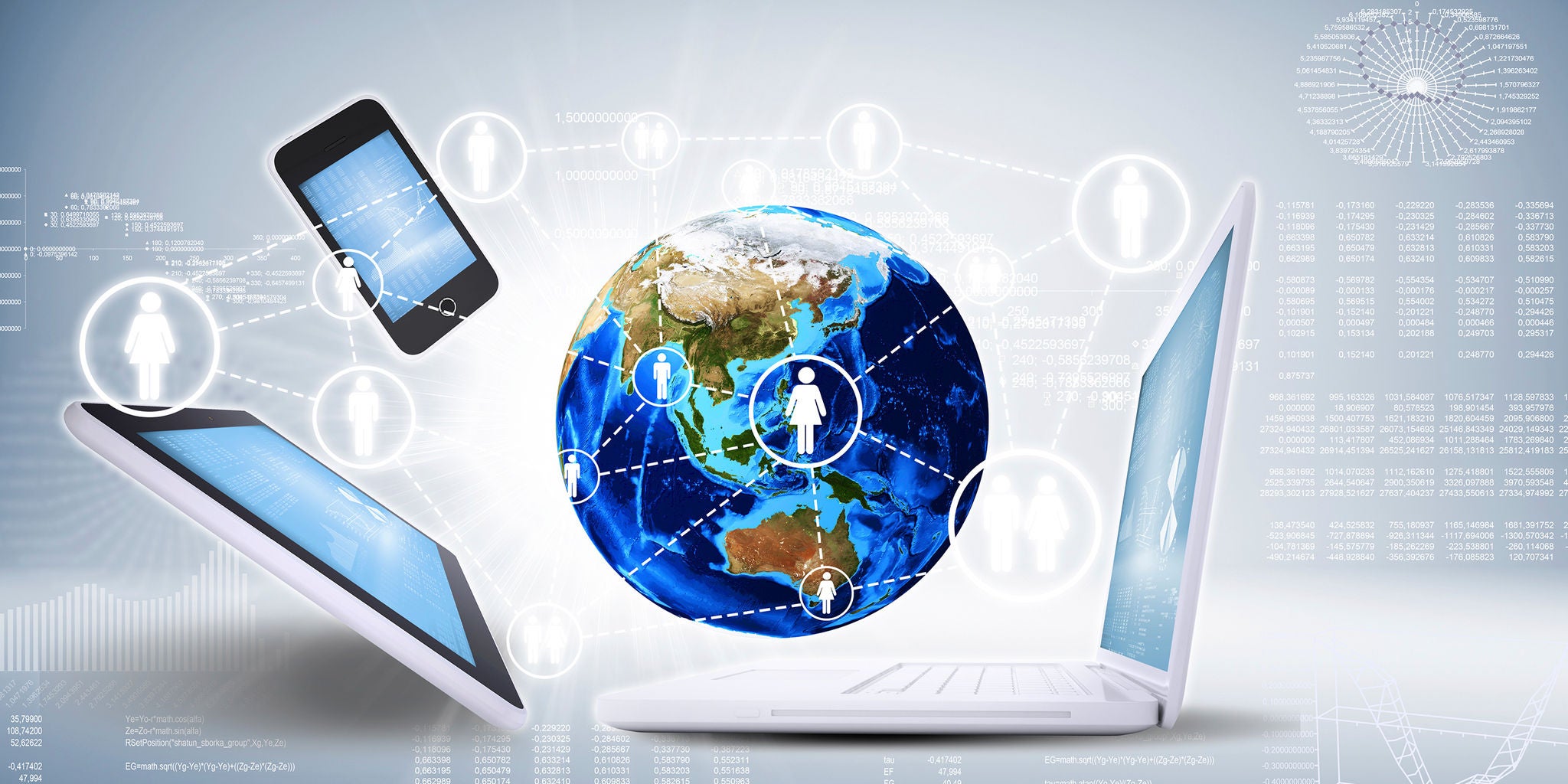 A laptop, tablet, and smartphone are arranged around a digitally rendered globe, symbolizing global connectivity. The background features abstract network lines and icons representing people, highlighting communication and technology. The color palette is cool and modern, with blue and white tones dominating the scene. No visible text or numeric values are present on the devices or in the overlay.