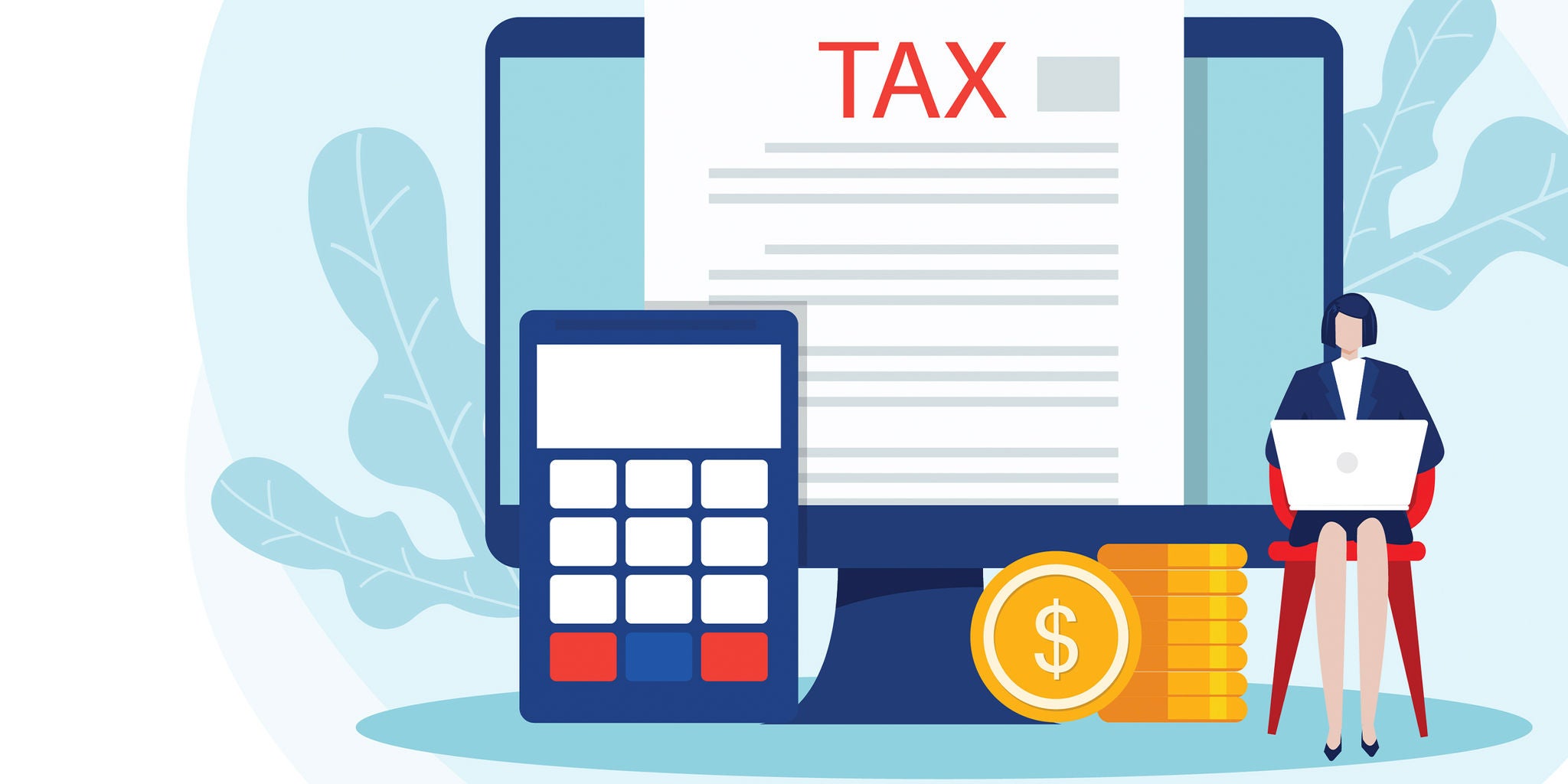 Illustration of a tax document displayed on a computer screen alongside a calculator and stacked coins. A person sits nearby working on a laptop, suggesting financial or tax-related activities. The design features a clean, professional style with blue and orange accents.