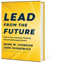 A hardcover book titled "Lead From the Future" is shown standing at an angle against a white background. The bright yellow cover features bold blue typography radiating from the center, creating a dynamic, energetic effect. Subtitles on the cover reference turning visionary thinking into breakthrough growth. The authors' names, Mark W. Johnson and Josh Suskewicz, are clearly visible on the front.