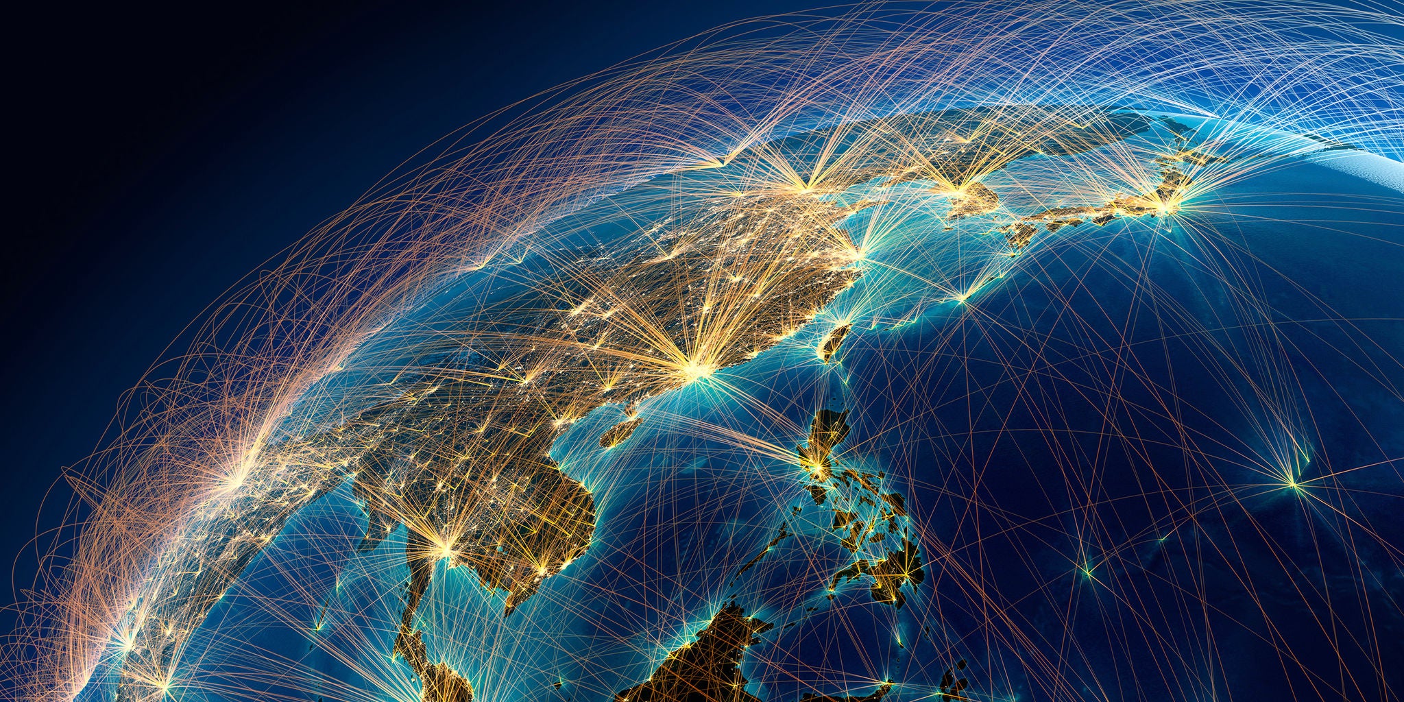 A digital rendering shows the Earth from space, focusing on East Asia illuminated at night. Bright city lights and glowing lines represent data or travel connections spanning across the region. The image conveys a sense of global connectivity, technology, and communication infrastructure. The color palette features deep blues and vibrant golds, creating a dynamic and futuristic mood.