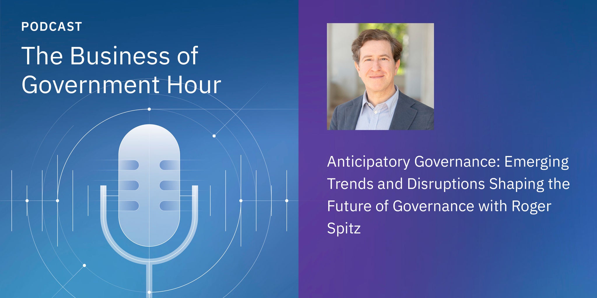 A podcast episode titled 'The Business of Government Hour' discusses anticipatory governance, emerging trends, and disruptions shaping the future of governance. The visual features a large microphone graphic on a blue gradient background, with a headshot of a man in business attire. The text highlights the episode's focus on governance and features the name Roger Spitz.