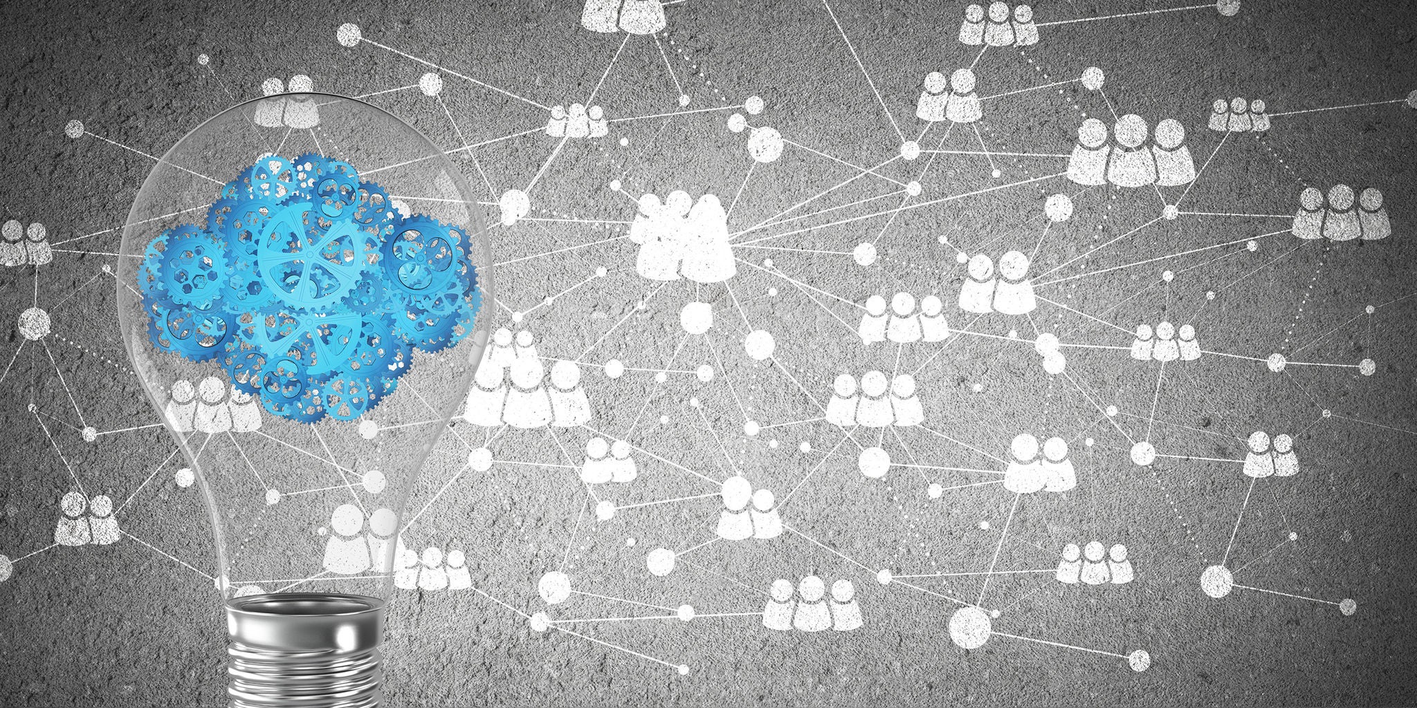 A transparent lightbulb filled with blue gears is positioned in the foreground, symbolizing innovation and ideas. In the background, white icons of people are interconnected by lines, representing a social or professional network. The setting is abstract with a gray textured backdrop, emphasizing connectivity and teamwork. The overall mood is modern and collaborative, with a cool color palette.