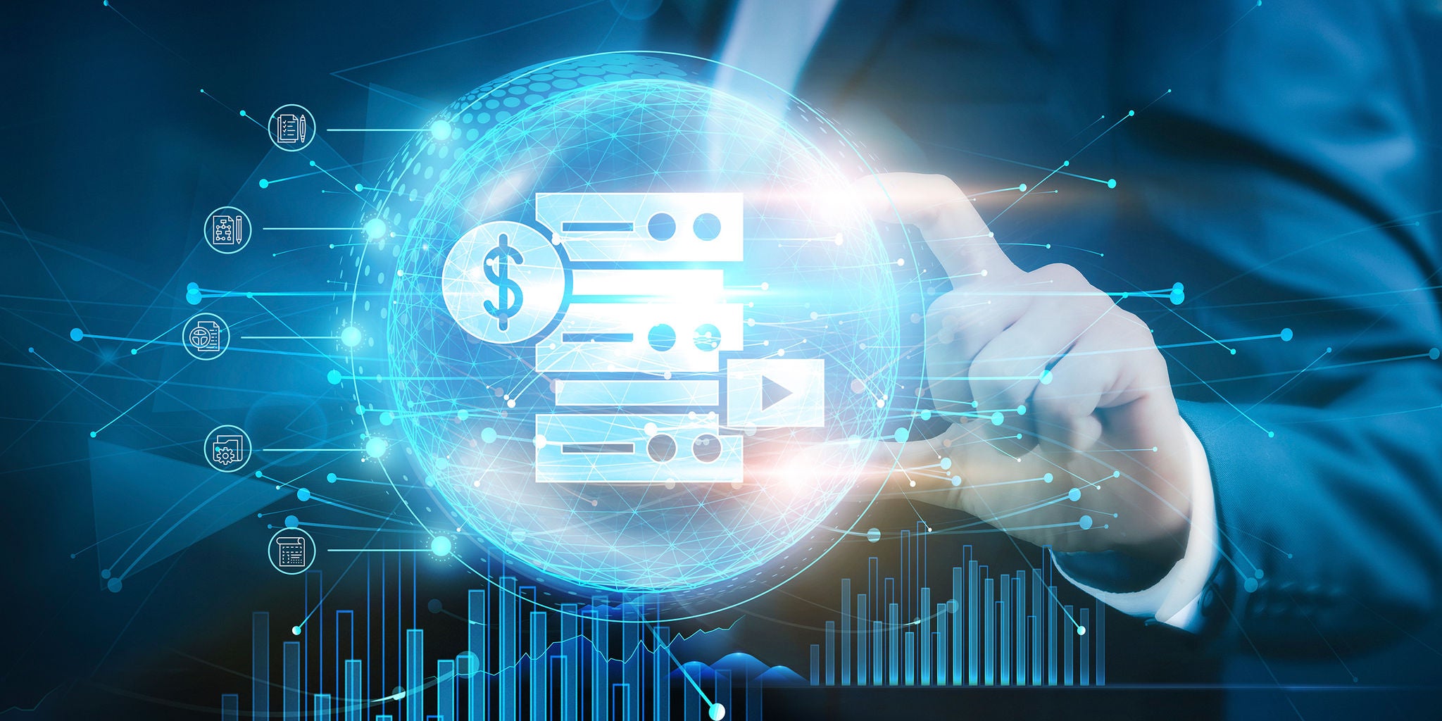 A businessman in a suit interacts with a futuristic digital interface displaying financial icons and data. The main visual features a glowing sphere with a dollar sign, server icons, and play button, suggesting finance and technology integration. Blue tones dominate the palette, creating a modern, high-tech mood. Bar graphs and network symbols are visible in the background, emphasizing data analysis and digital connectivity.