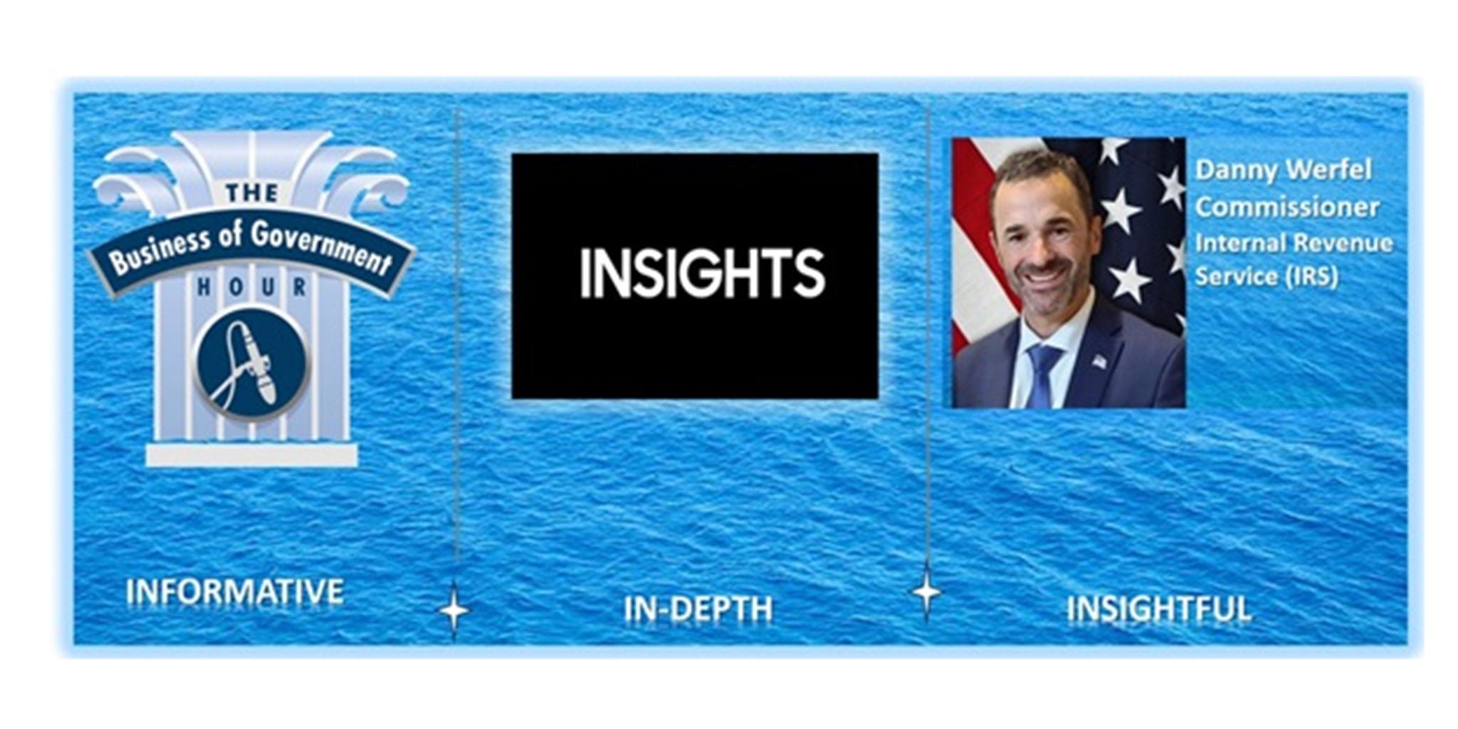 A promotional banner for 'The Business of Government Hour' featuring a blue water-themed background. The design includes text such as 'INSIGHTS' and descriptors like 'Informative,' 'In-depth,' and 'Insightful.' The banner highlights a government-related theme with visible text referencing the IRS Commissioner.