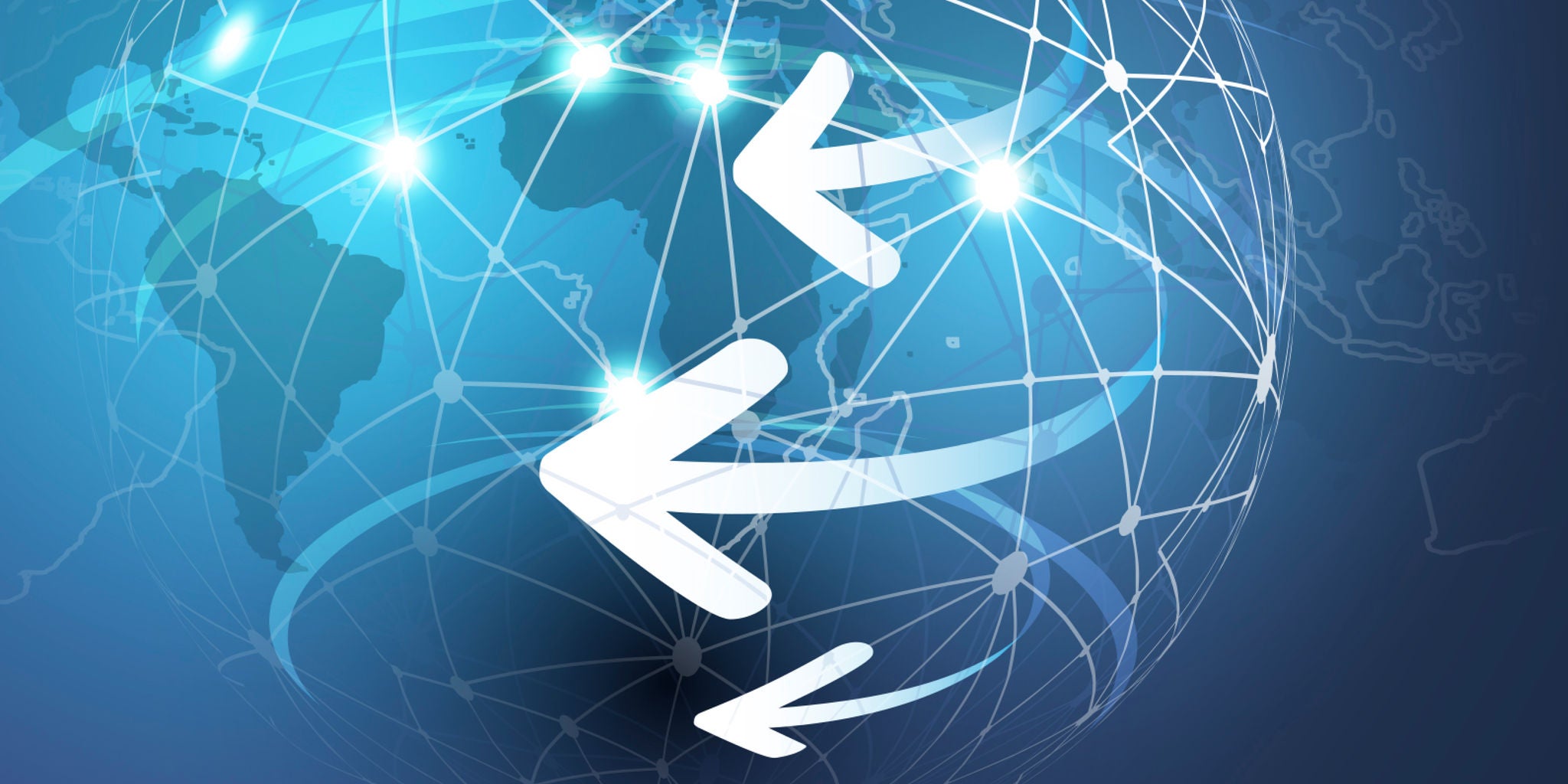 A stylized globe with illuminated network lines and nodes represents worldwide digital connectivity. Large white arrows overlay the image, symbolizing data transfer or information exchange. The background features a blue gradient, enhancing the technological and futuristic mood. No visible text or numeric values are present in the image.