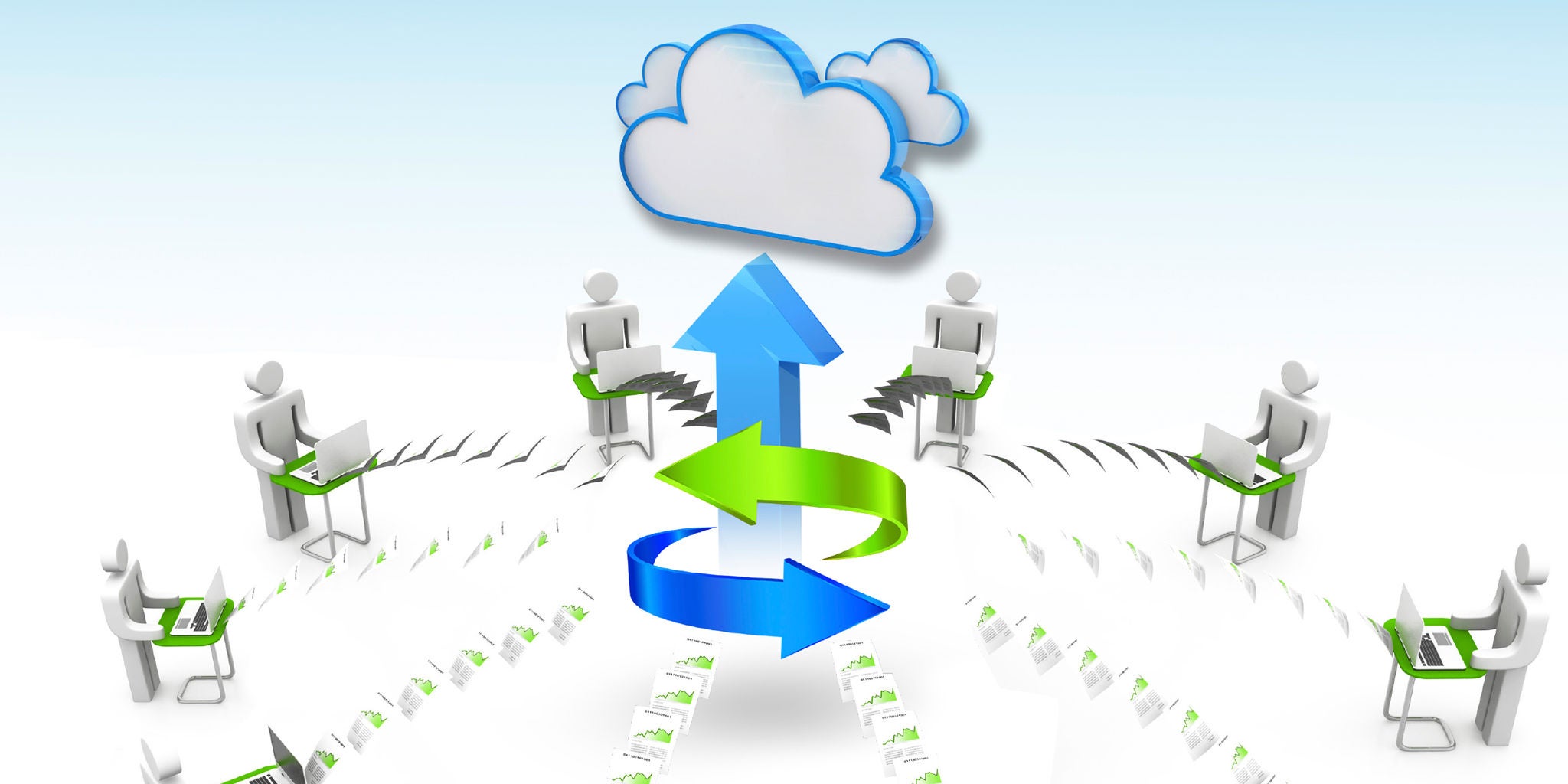 The image illustrates a cloud computing concept with several stylized figures using laptops, all connected to a central cloud icon. Large blue and green arrows indicate data transfer between the users and the cloud. The setting is digital and abstract, with a clean, modern palette dominated by white, blue, and green. No visible text or numbers are present in the image.