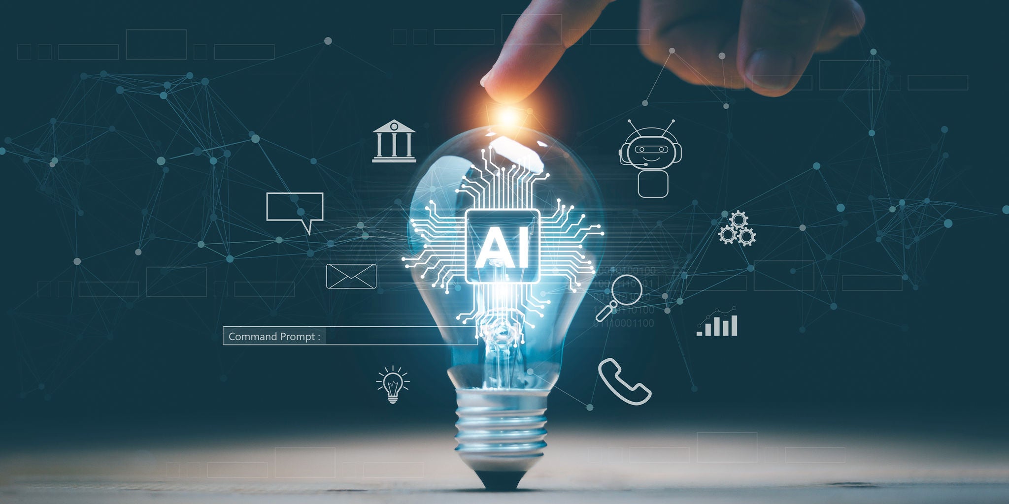 A glowing lightbulb with a circuit design and 'AI' text symbolizes artificial intelligence innovation. A finger touches the bulb, emphasizing interaction and technology. The background features digital icons and a futuristic network design.