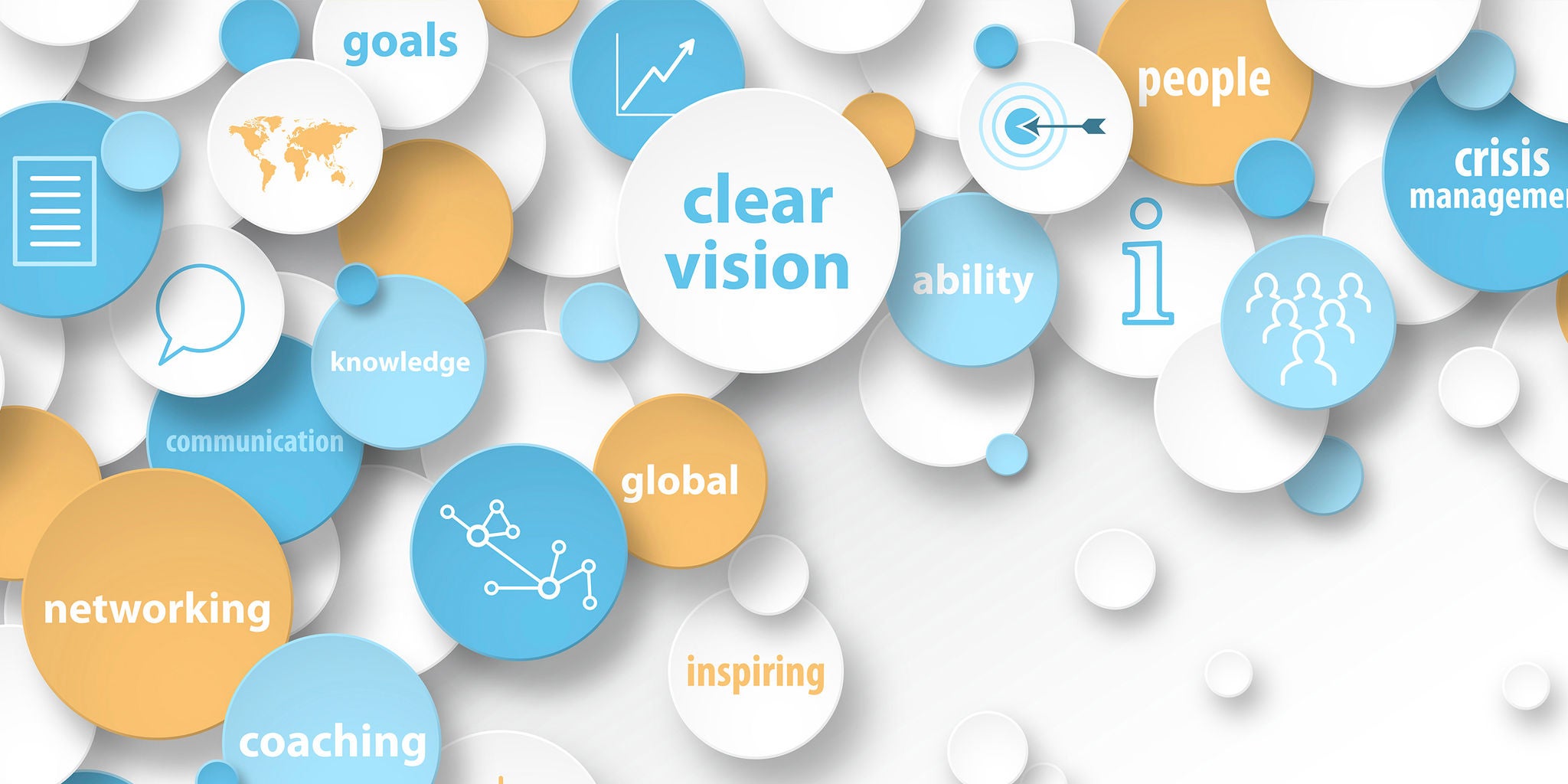 A collection of overlapping blue, white, and orange circles displays various business-related keywords such as 'clear vision,' 'networking,' and 'crisis management.' The circles are arranged on a white background, creating a modern and dynamic visual. Some circles contain icons representing communication, people, and global concepts. The overall style is clean and professional, with a focus on clarity and inspiration.