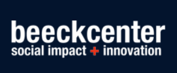 The image features the text 'beeckcenter social impact + innovation' in bold white and orange letters on a dark blue background. The plus sign is highlighted in orange, drawing attention to the theme of innovation. The overall design is clean and modern, emphasizing social impact and forward-thinking concepts. No people or additional numbers are visible in the image.