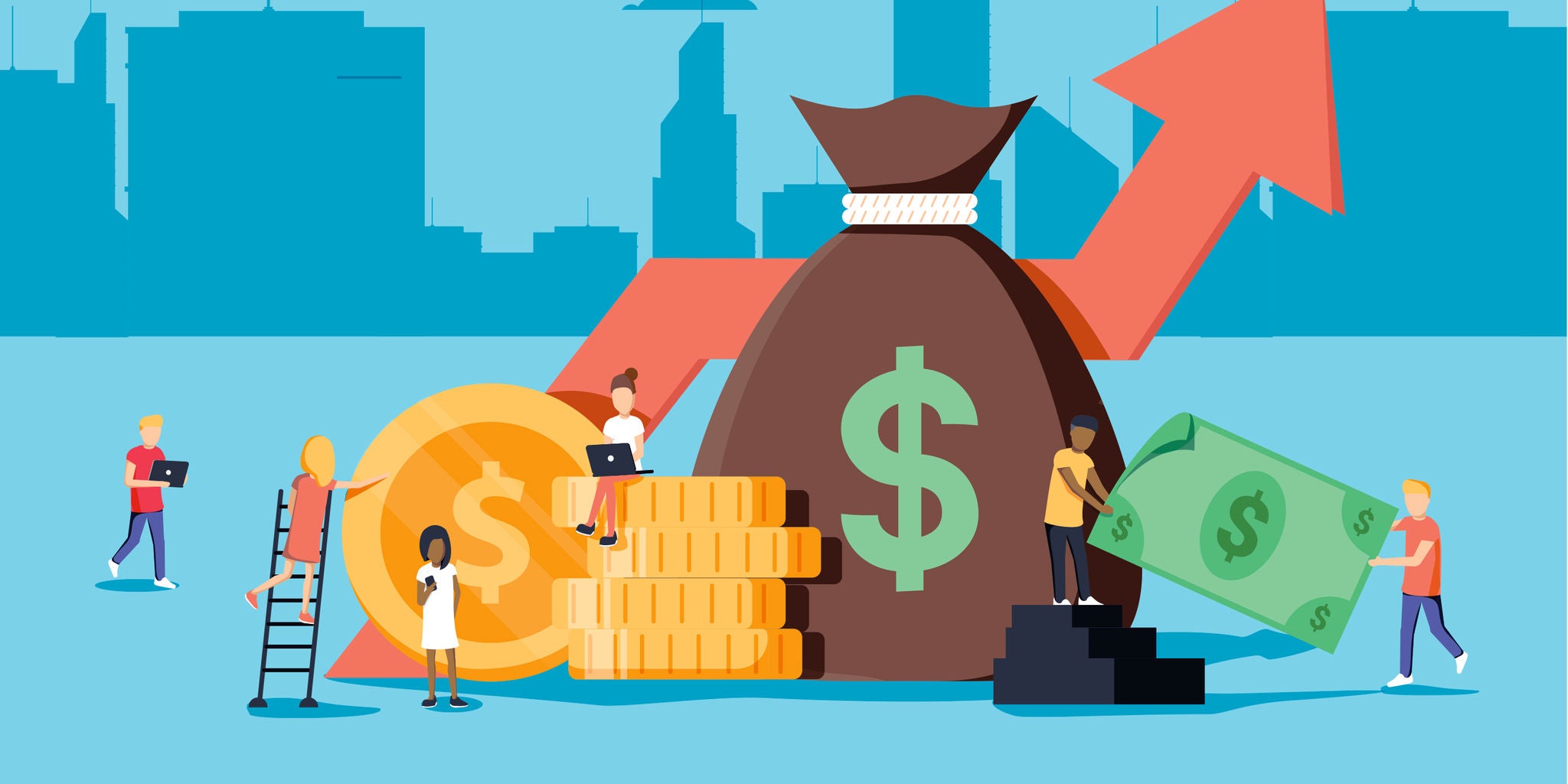 Illustration of people handle coins, cash, and a money bag beneath an upward arrow