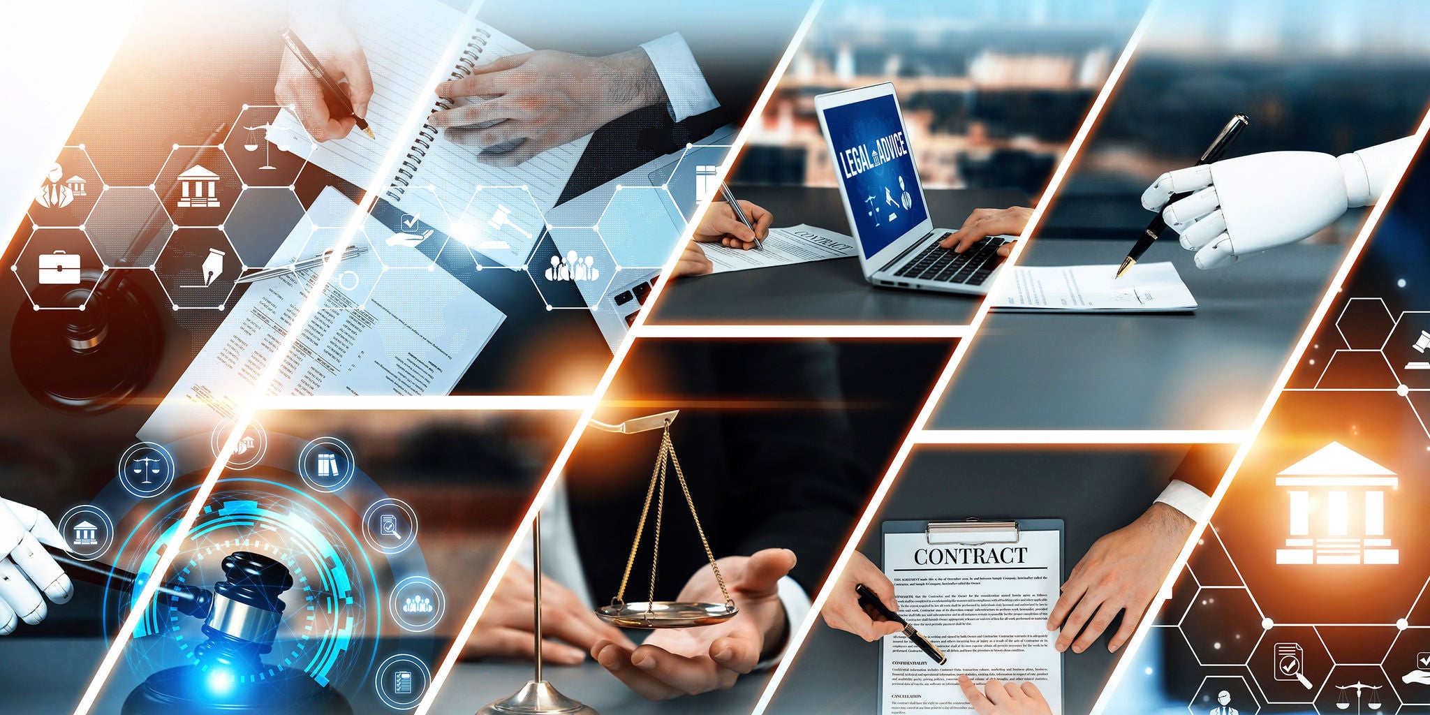 A dynamic collage features various legal and business-related visuals, including hands signing documents, a laptop displaying 'LEGAL ADVICE,' and a robotic hand holding a pen. The setting blends traditional legal symbols like scales of justice with futuristic technology elements, highlighting the intersection of law and innovation. The color palette is modern with blue and orange tones, and the mood is professional and forward-thinking. Visible text includes 'LEGAL ADVICE' and 'CONTRACT.'