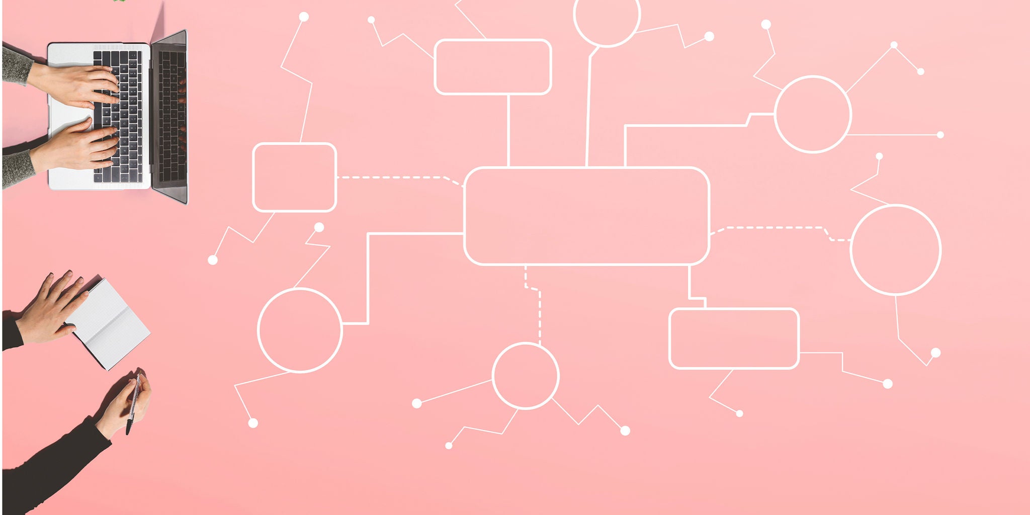 A workspace featuring hands using a laptop and writing in a notebook, set against a pink background. A white flowchart diagram overlays the image, symbolizing ideas and connections. The scene conveys teamwork, planning, and creative problem-solving.