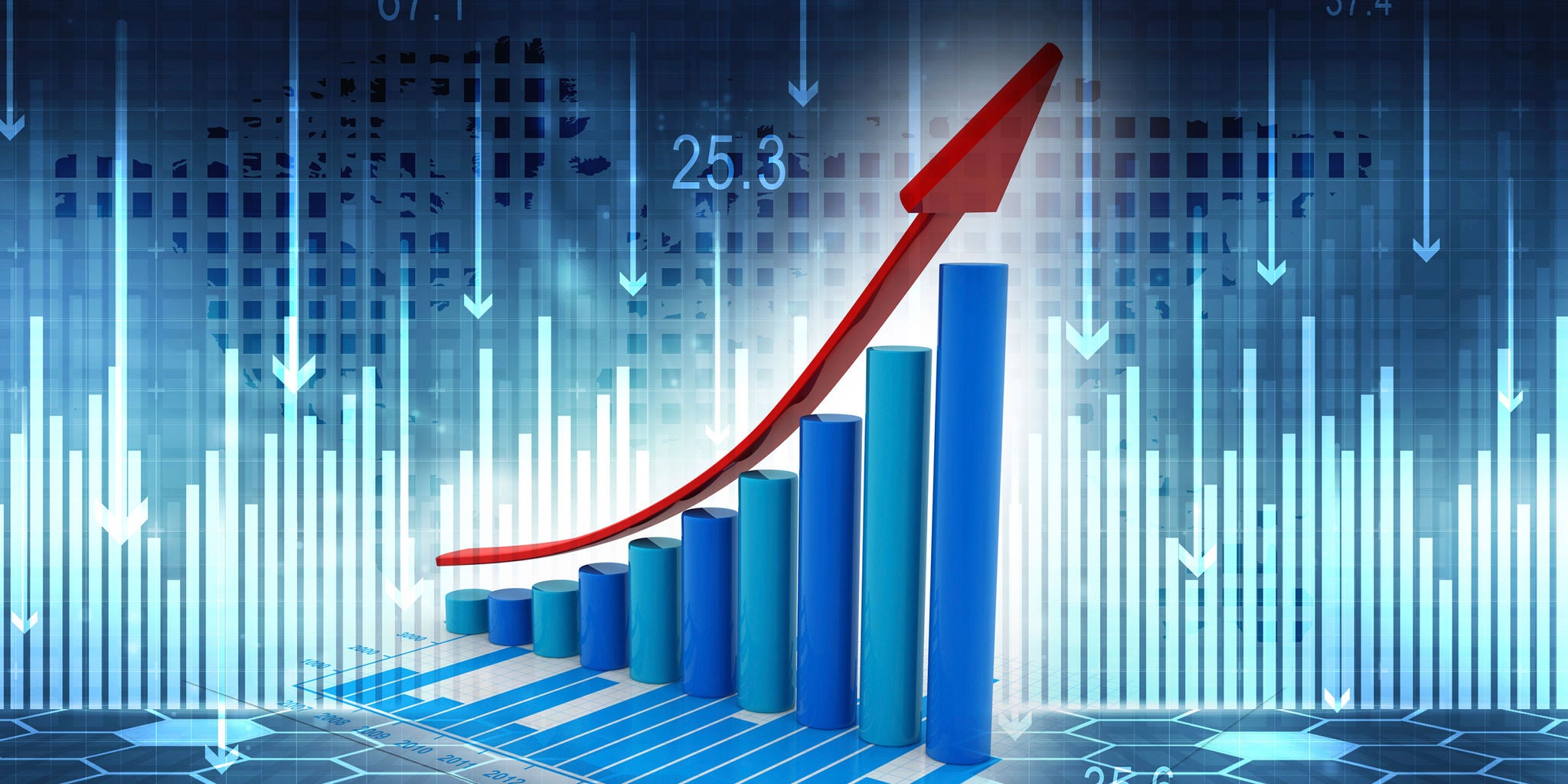 A digital illustration features a blue bar graph with a prominent red arrow curving upward, symbolizing growth or positive financial trends. The background includes abstract data visuals, glowing blue lines, and the numeric value '25.3' clearly visible. The overall style is modern and technological, with a cool blue palette and futuristic elements. No people or identifiable brands are present in the image.