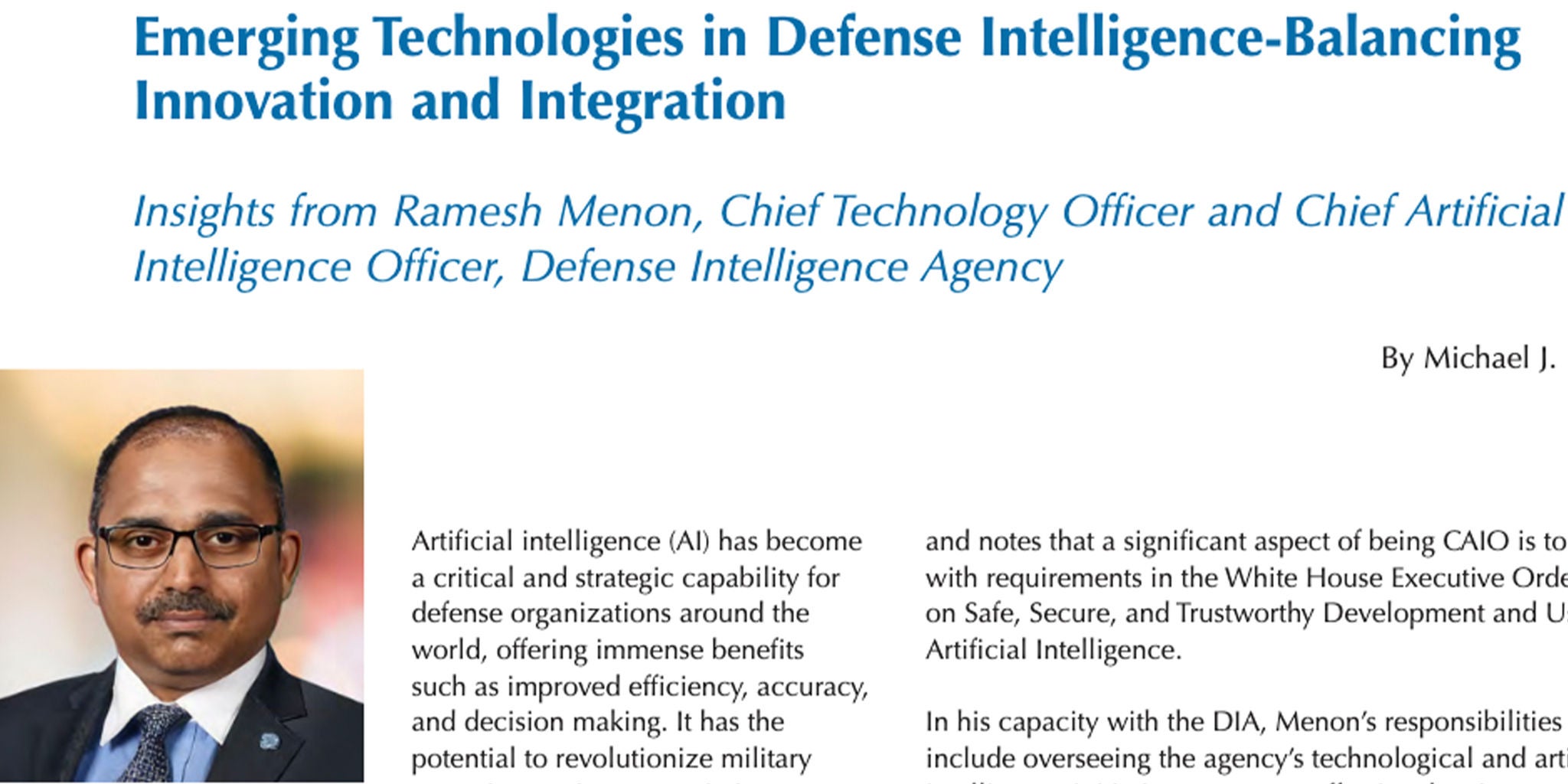 An article discussing advancements in artificial intelligence for defense intelligence, featuring insights from a Chief Technology Officer. The text highlights AI's role in improving efficiency, accuracy, and decision-making in military applications. The document includes references to the Defense Intelligence Agency and mentions compliance with White House Executive Orders.