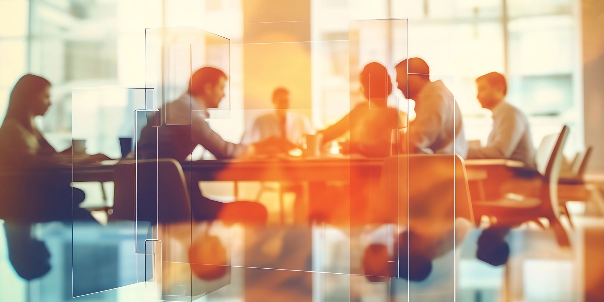 A group of professionals is gathered around a conference table in a contemporary office environment. The scene is backlit with warm, orange and blue tones, creating a dynamic and collaborative atmosphere. Silhouetted figures suggest a diverse team engaged in discussion or brainstorming. The image conveys a sense of productivity and teamwork, with abstract reflections adding a creative visual element.