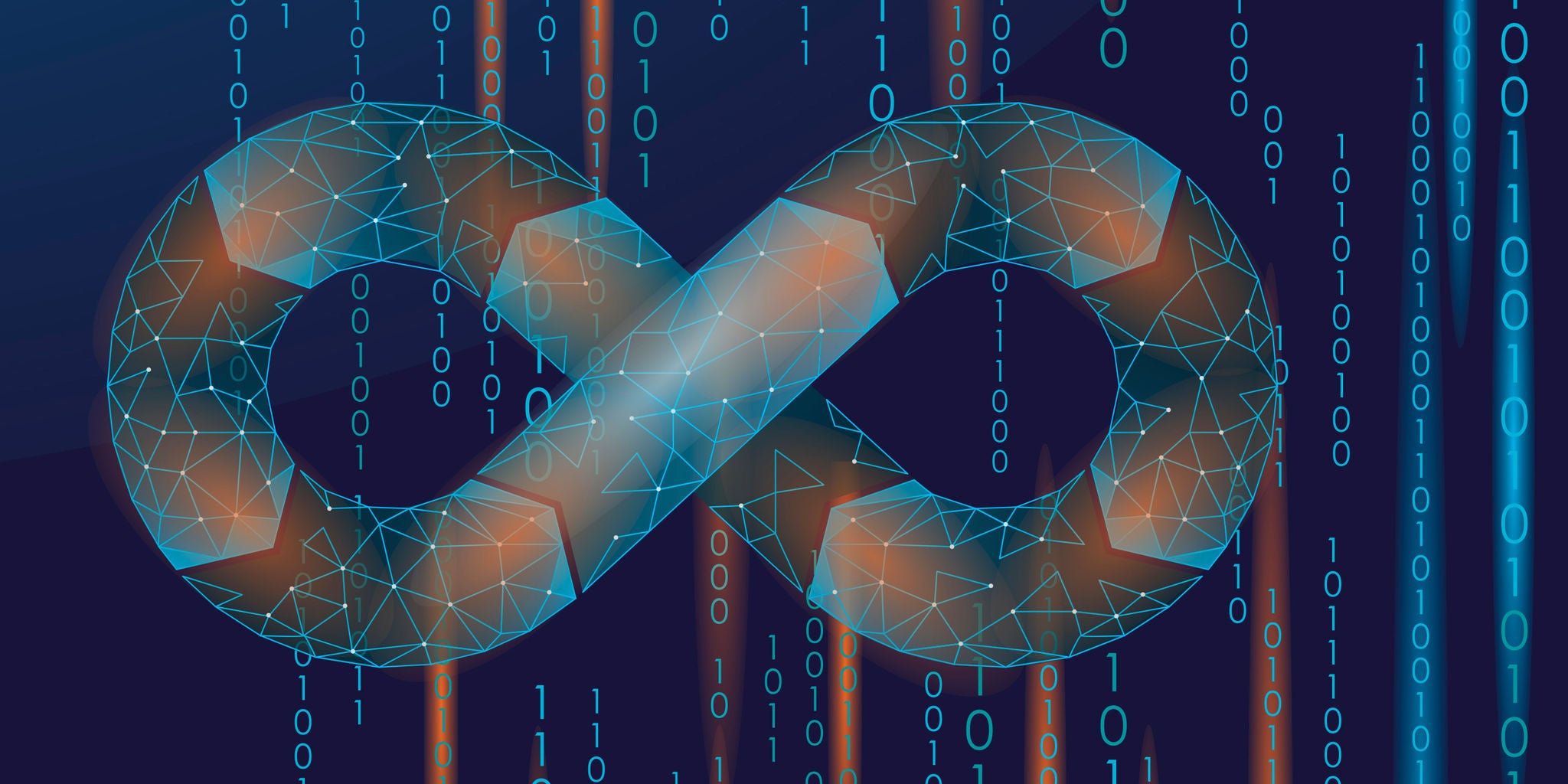 A geometric infinity symbol is prominently displayed in the center, rendered with a polygonal, digital mesh effect. The background features cascading binary code, with numbers 0 and 1 in blue and orange hues, evoking a high-tech, futuristic atmosphere. The overall color palette is dark with neon highlights, suggesting themes of technology and endless possibilities.