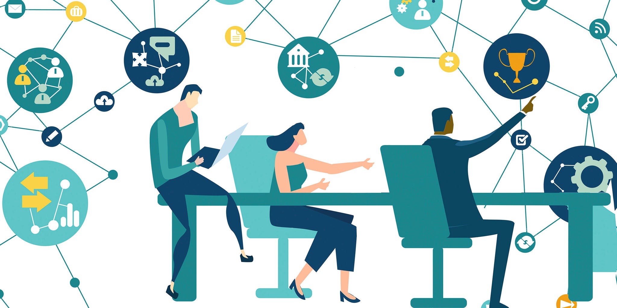 Three people are seated at a table, engaging in a collaborative discussion. The background features interconnected digital icons representing various business and technology concepts. The scene uses a modern, flat illustration style with a blue and green color palette. The mood is dynamic and innovative, emphasizing teamwork and digital connectivity.