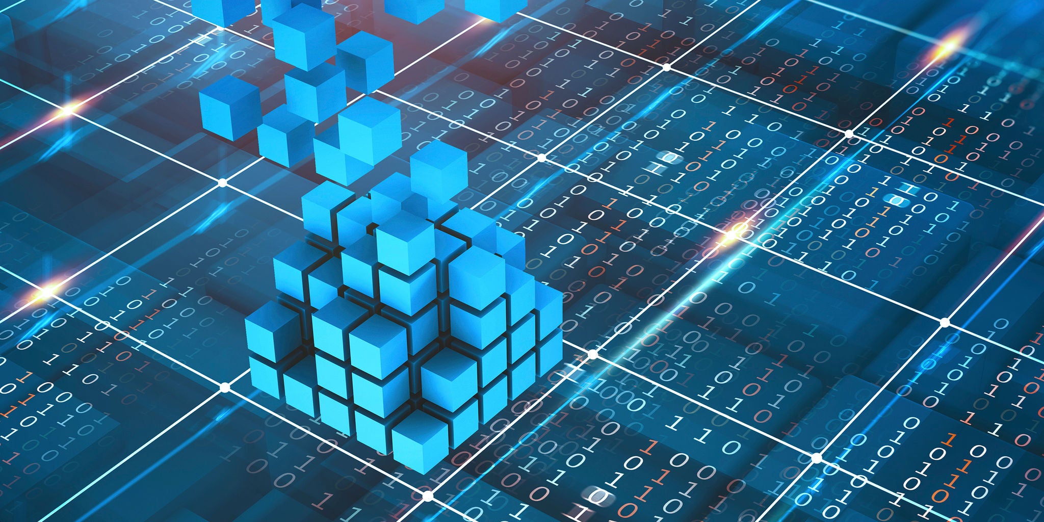 A cluster of blue 3D cubes assembles on a glowing digital grid, symbolizing data processing or blockchain technology. The background features binary code and a network of illuminated lines, creating a high-tech, futuristic atmosphere. The color palette is dominated by shades of blue and cyan, with bright highlights. No visible text or numbers are explicitly shown on the cubes or grid.
