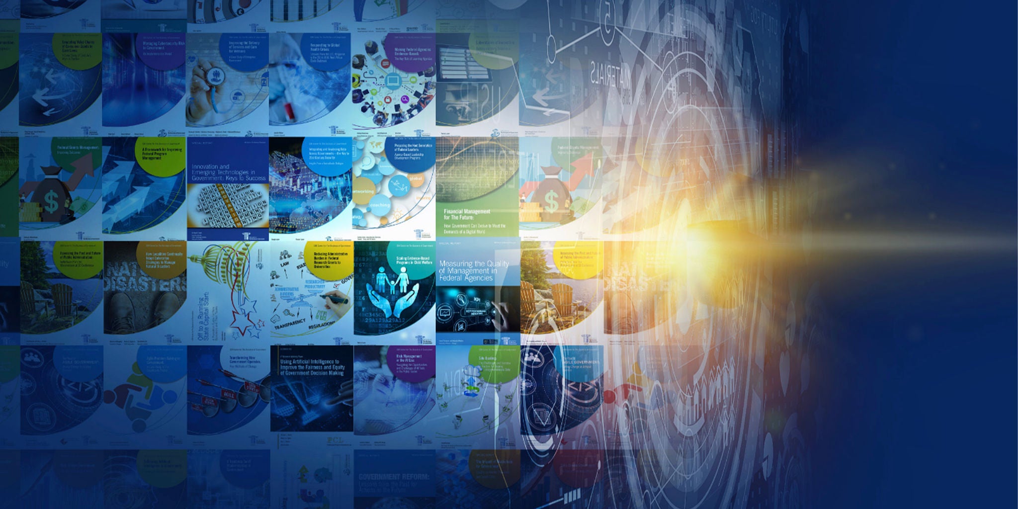 A vibrant digital collage featuring various colorful panels and graphics, overlaid with a futuristic interface design. The scene is illuminated by a bright light flare on the right, creating a dynamic and modern aesthetic. The visuals suggest themes of technology, innovation, and digital transformation.