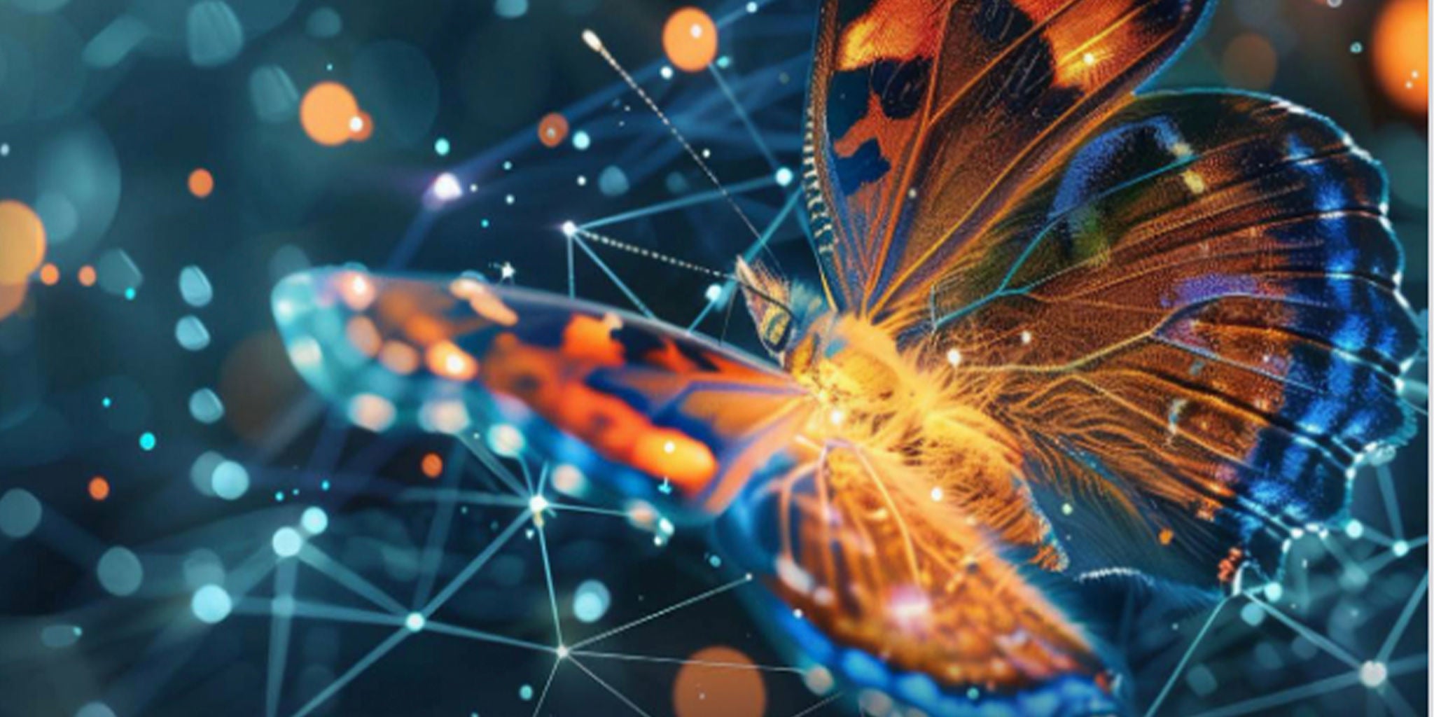 A vibrant butterfly with intricate orange and blue patterns is set against a futuristic digital background. The scene features glowing light orbs and interconnected lines, creating a dynamic and modern visual. The butterfly appears illuminated, adding a sense of wonder and energy to the composition.