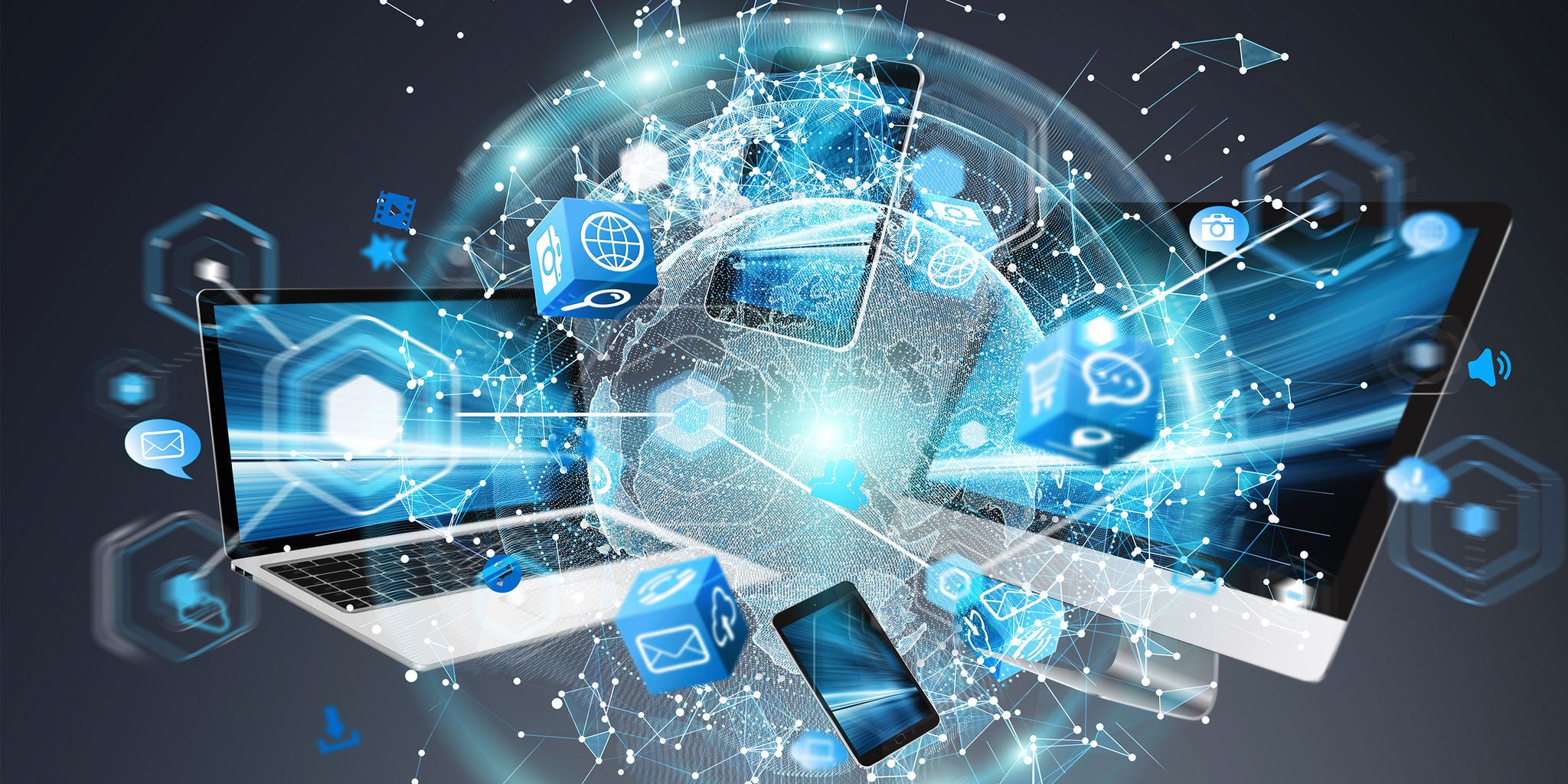 A laptop, smartphone, and tablet are shown interconnected with digital data streams and floating blue cubes, symbolizing cloud computing and global connectivity. The background features a stylized globe with network lines, emphasizing worldwide communication. The image uses a cool blue palette with futuristic visual effects. No visible text or numeric values are present.