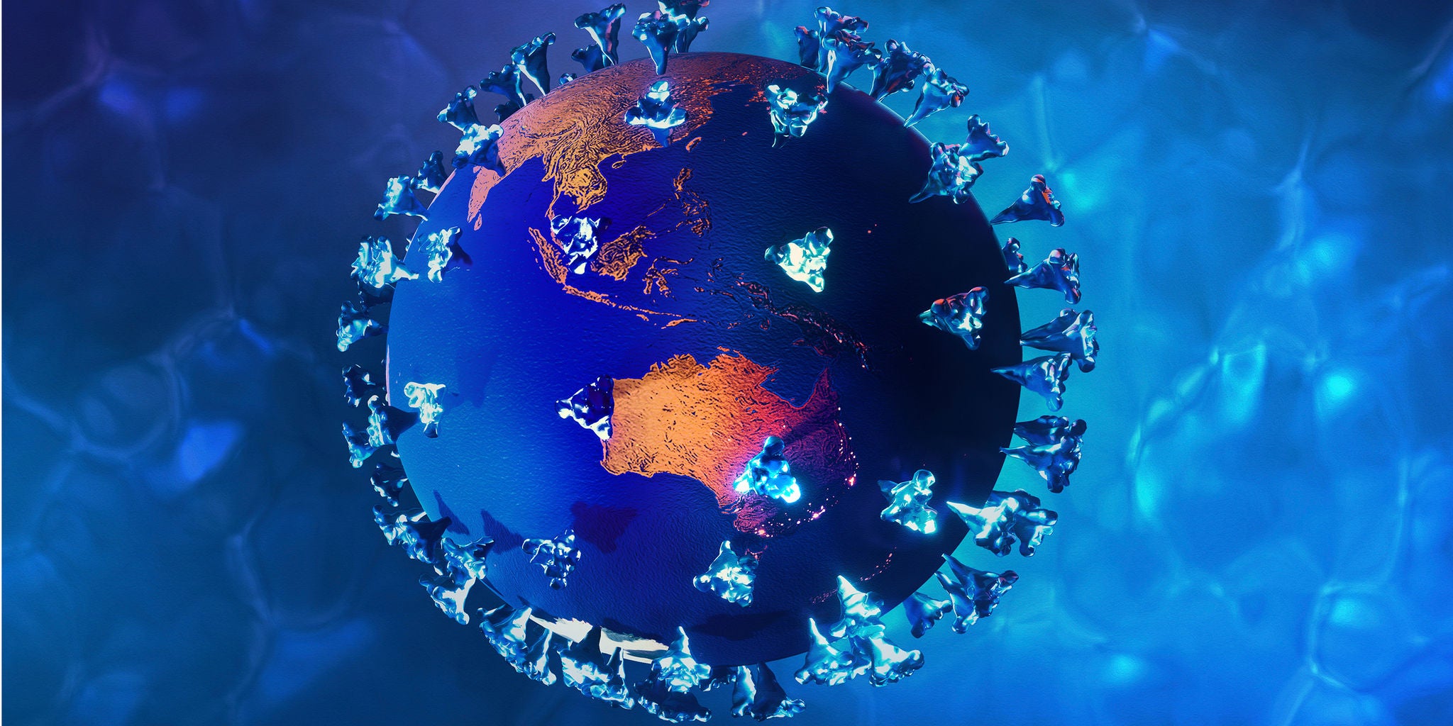 A digital illustration shows the planet Earth stylized to resemble a virus, with spike-like structures surrounding the globe. The Americas are prominently visible, highlighted in orange against a predominantly blue background. The image uses a cool color palette, evoking a scientific or medical theme. The visual metaphor suggests global impact or pandemic context.