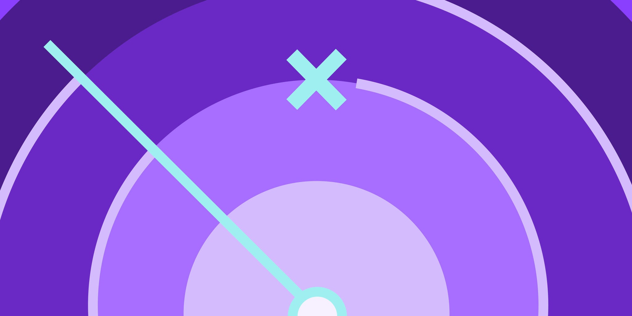 This image features an abstract radar design in varying shades of purple and blue. Concentric circles radiate from the center, intersected by a single light blue line and an 'X' mark near the top. The visual style is modern and minimalistic, with a cool color palette and geometric shapes. No text, numbers, or identifiable brands are visible.