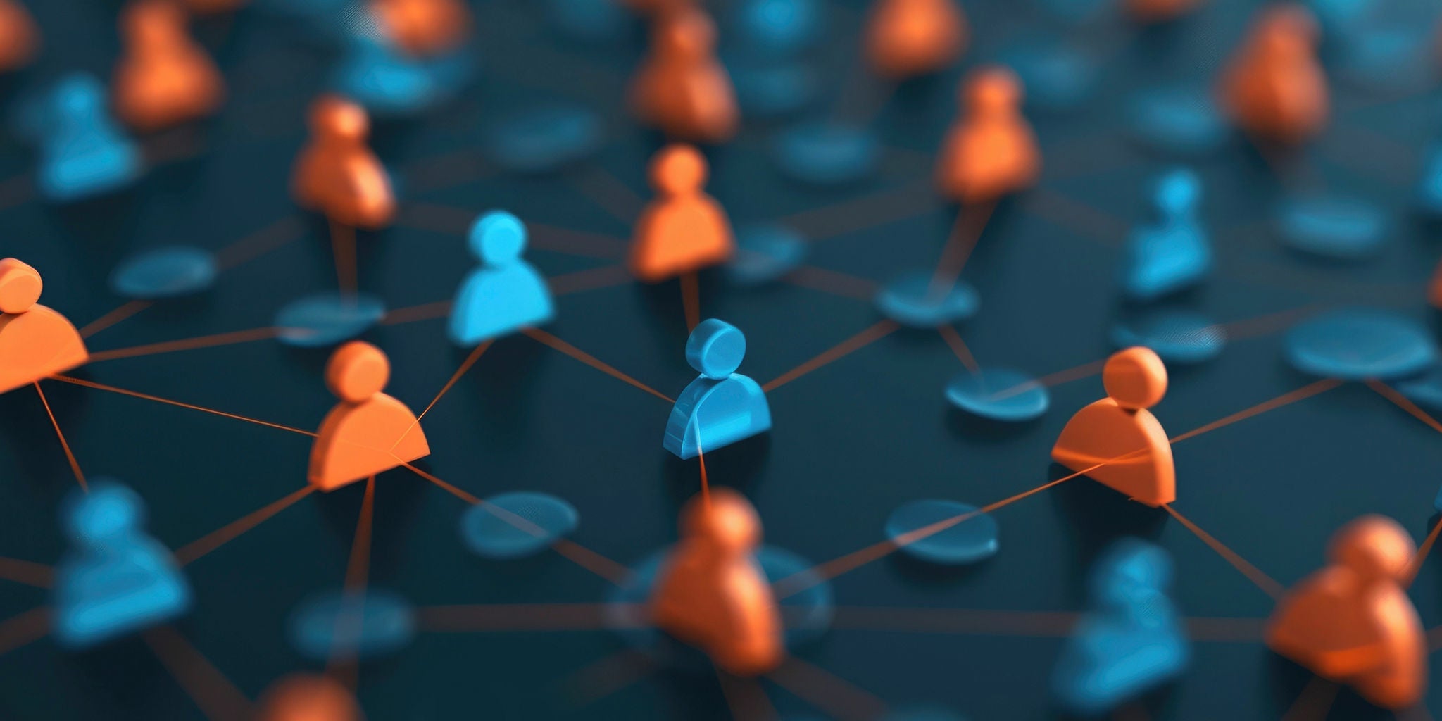 The image shows an abstract representation of a network, featuring orange and blue human-shaped figures connected by lines. The setting is a stylized, digital environment with a focus on connectivity and relationships. The color palette is dominated by dark blue, orange, and subtle highlights, creating a modern and technological mood. No visible text or numeric values are present in the image.