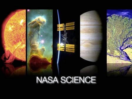 A vibrant collage features the sun, a nebula, the International Space Station, Jupiter, and a branching coral or tree structure. The visuals are divided into vertical panels, each highlighting a different aspect of science and nature. The text 'NASA SCIENCE' is prominently displayed at the bottom in bold, glowing letters.