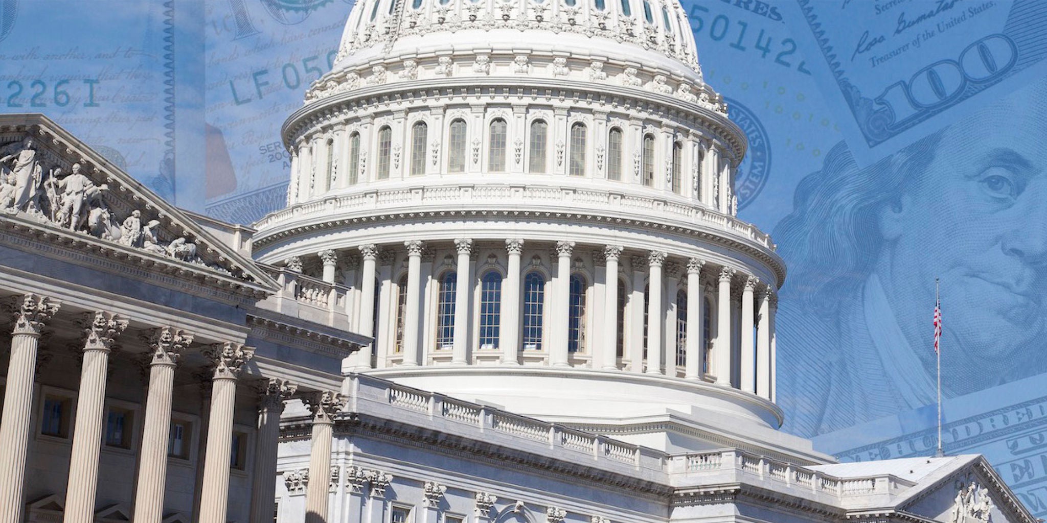 The image features the iconic dome of the United States Capitol building, a symbol of American government and democracy. In the background, there is a subtle overlay of U.S. currency, suggesting themes of finance, policy, or economics. The architectural details of the Capitol are prominent, with clear columns and intricate design elements. The overall palette is cool with blue tones, creating a formal and institutional mood.