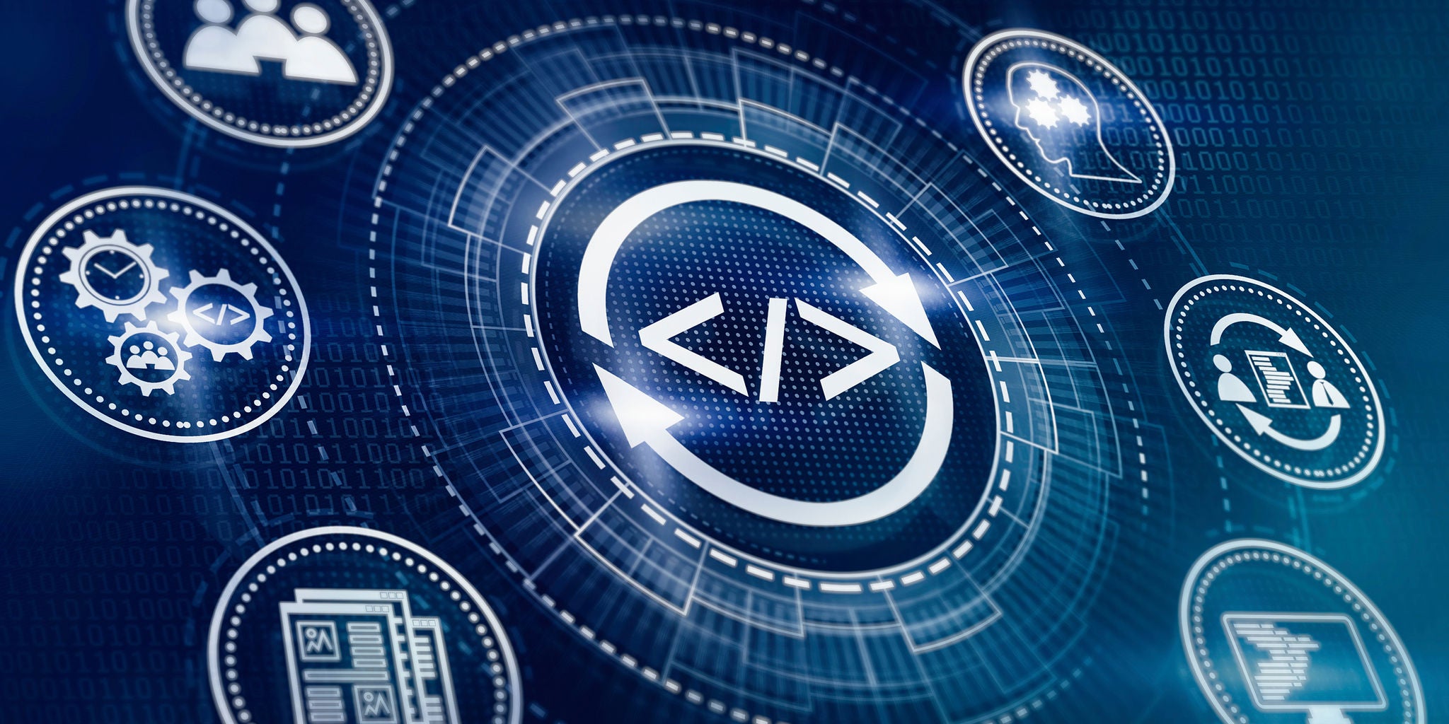 A digital interface features a central code symbol surrounded by technology-related icons. The setting is a high-tech, virtual environment with blue tones and circuit-like visuals. The mood is modern and innovative, emphasizing software development and digital transformation. No visible people or explicit numeric values are present in the image.