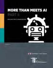 The image features a stylized robot head icon beneath the bold title 'MORE THAN MEETS AI PART II.' The design uses a modern, geometric layout with blocks of color on the left and a dark background. The overall mood is futuristic and tech-focused, with clear, high-contrast visuals. No visible numeric values or identifiable brands are present.