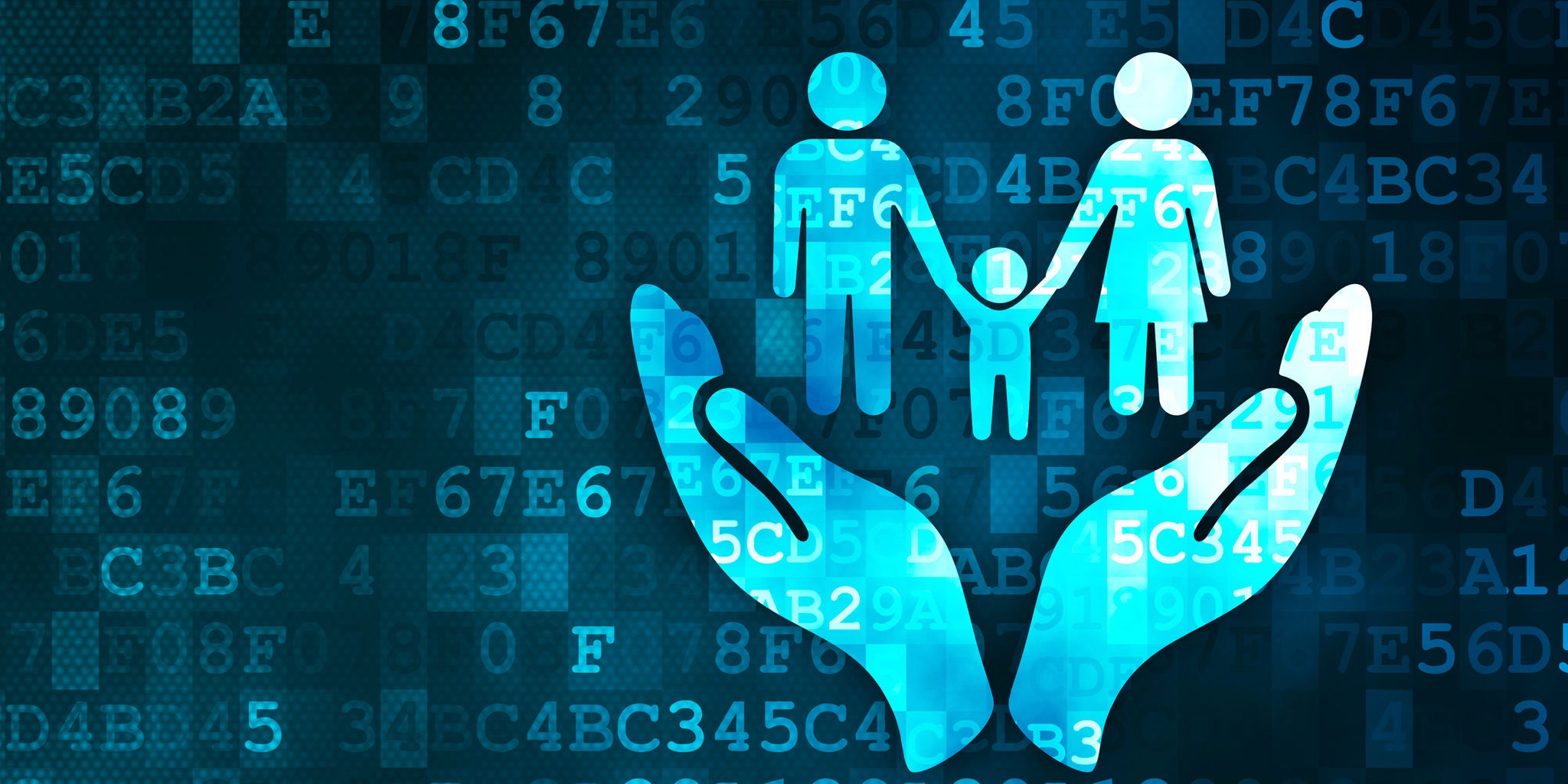 A stylized image shows two large hands cradling a family of three, symbolizing protection and care. The background features a digital matrix of numbers and letters, suggesting a theme of cybersecurity or digital safety. The color palette is predominantly blue, evoking a sense of trust and security. The family figures are simplified and gender-neutral, representing inclusivity. Visible alphanumeric codes such as '5C', 'E67F', and 'C4BC345C' appear in the background.