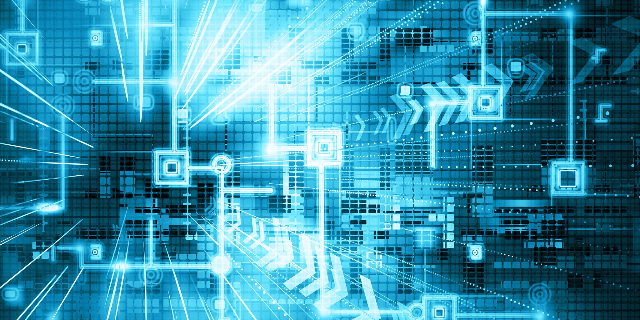 Abstract digital artwork features a complex circuit board pattern illuminated by vibrant blue light. The image showcases interconnected lines, arrows, and geometric shapes, evoking a high-tech, futuristic atmosphere. The grid background and glowing elements suggest advanced technology and data flow. No visible text or numbers are present in the image.