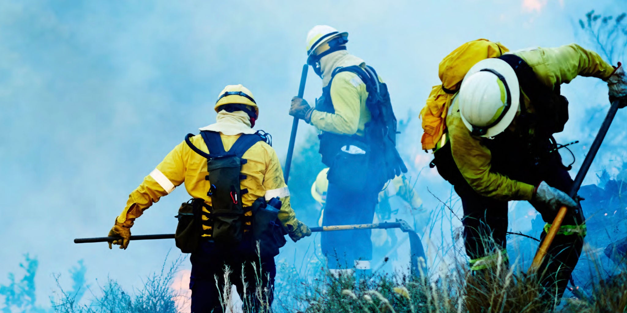 A group of firefighters in yellow protective gear work together to control a wildfire. The scene is outdoors, with thick smoke and dry vegetation visible, indicating an active fire situation. The firefighters are using tools to manage the flames, and their teamwork is evident. The overall mood is intense and urgent, with a palette dominated by yellows, blues, and natural earth tones.
