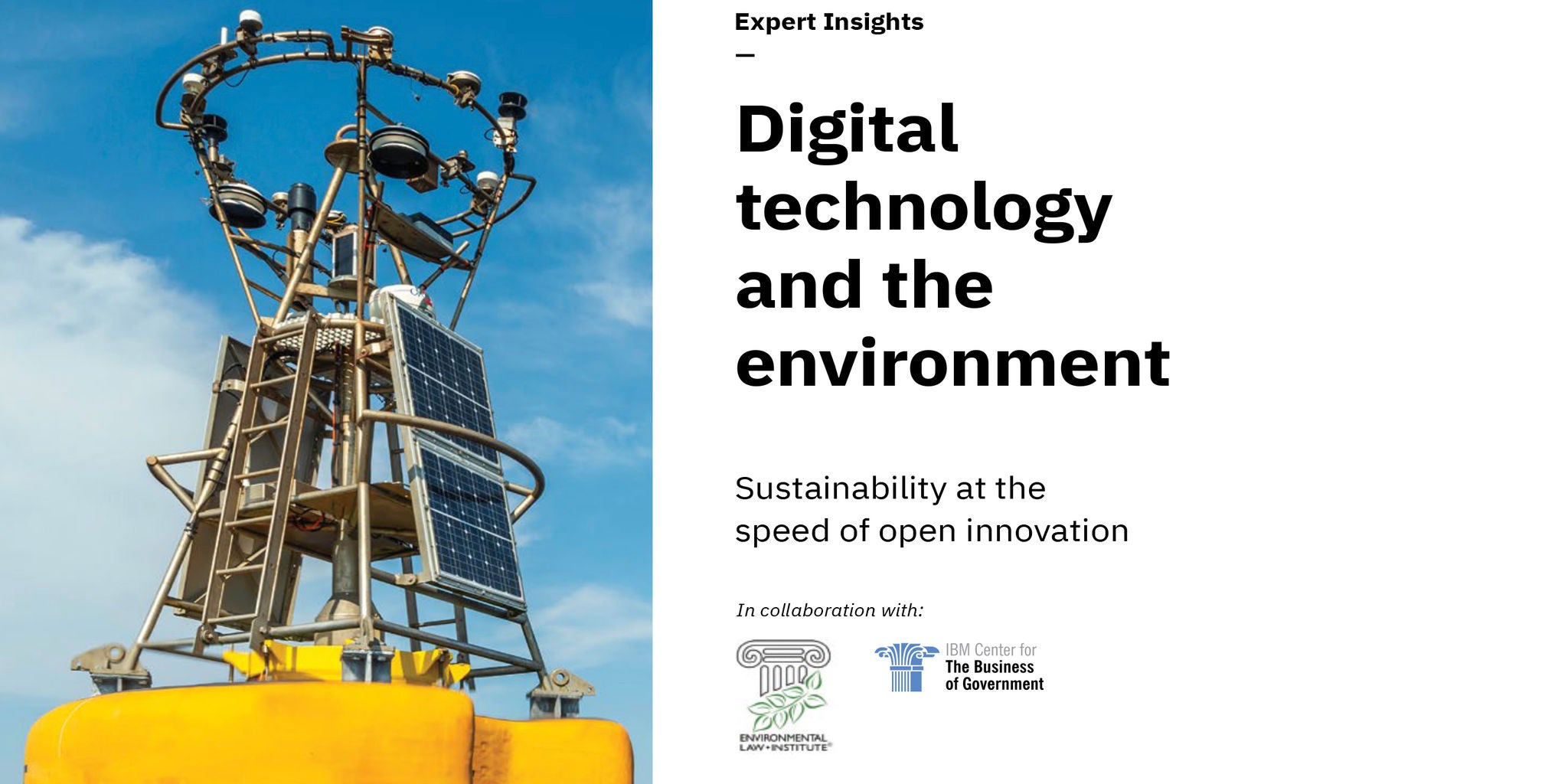 A large yellow buoy equipped with solar panels and various sensors is shown against a blue sky. The image highlights the use of digital technology for environmental monitoring and sustainability. Text on the right reads 'Digital technology and the environment' and 'Sustainability at the speed of open innovation.' Logos and collaboration credits are visible below the main text.