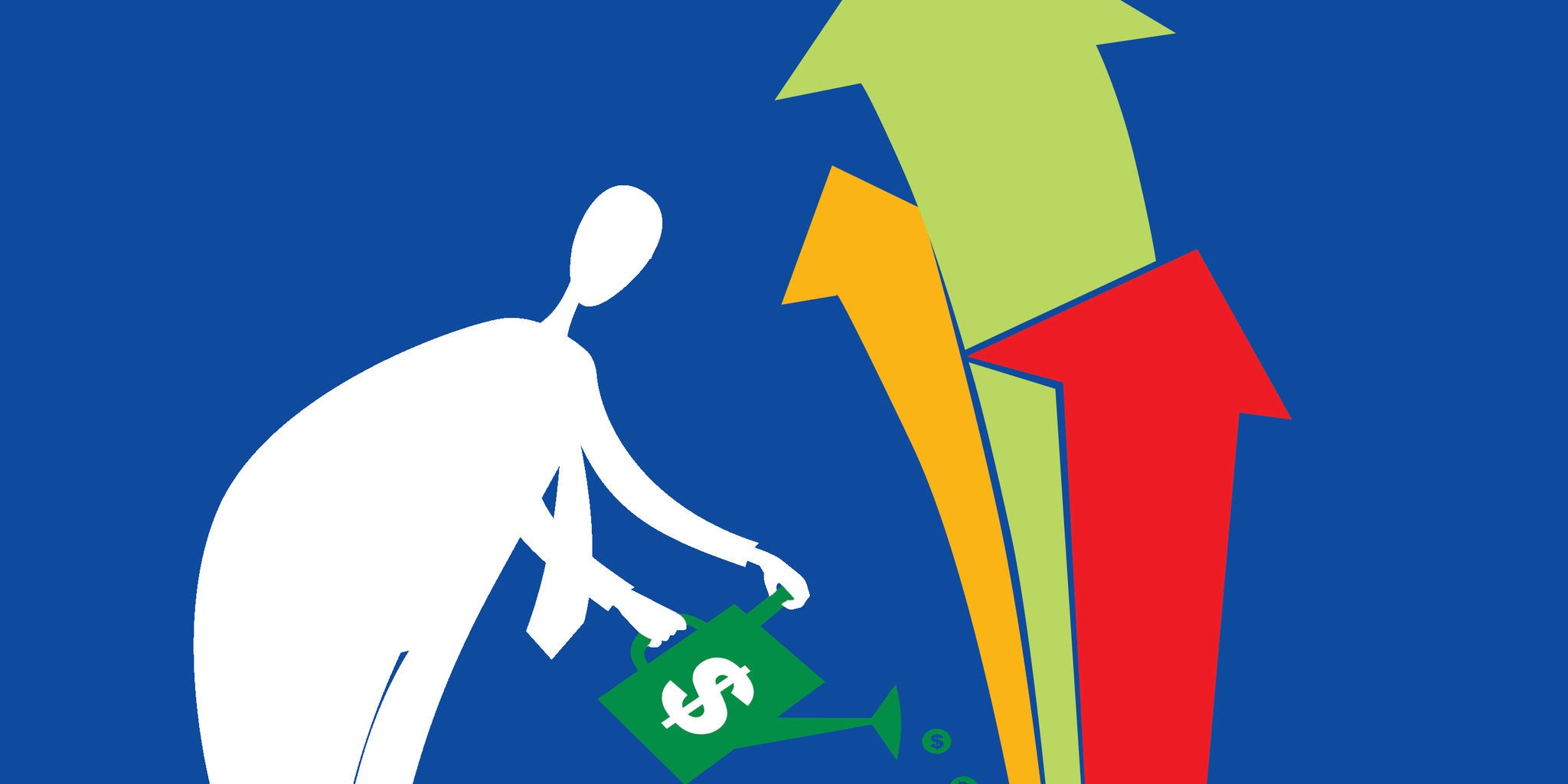 A stylized white figure is depicted pouring water from a green watering can with a dollar sign on it. The figure is facing three large arrows in green, red, and yellow, all pointing upward against a solid blue background. The scene suggests growth, investment, or financial success, with a minimalist and modern visual style.