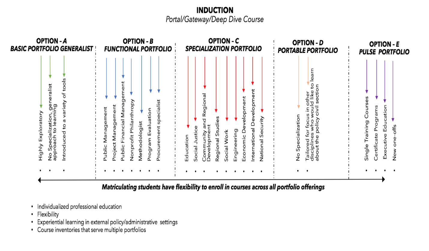 Diagram outlining an induction portal or gateway deep dive course with multiple portfolio options. Five options are presented: Basic Portfolio Generalist, Functional Portfolio, Specialization Portfolio, Portable Portfolio, and Pulse Portfolio. Colored arrows and labels describe course pathways and emphasize individualized professional education, flexibility, experiential learning, and course inventories. A horizontal axis notes that matriculating students have flexibility to enroll in courses across all portfolio offerings.