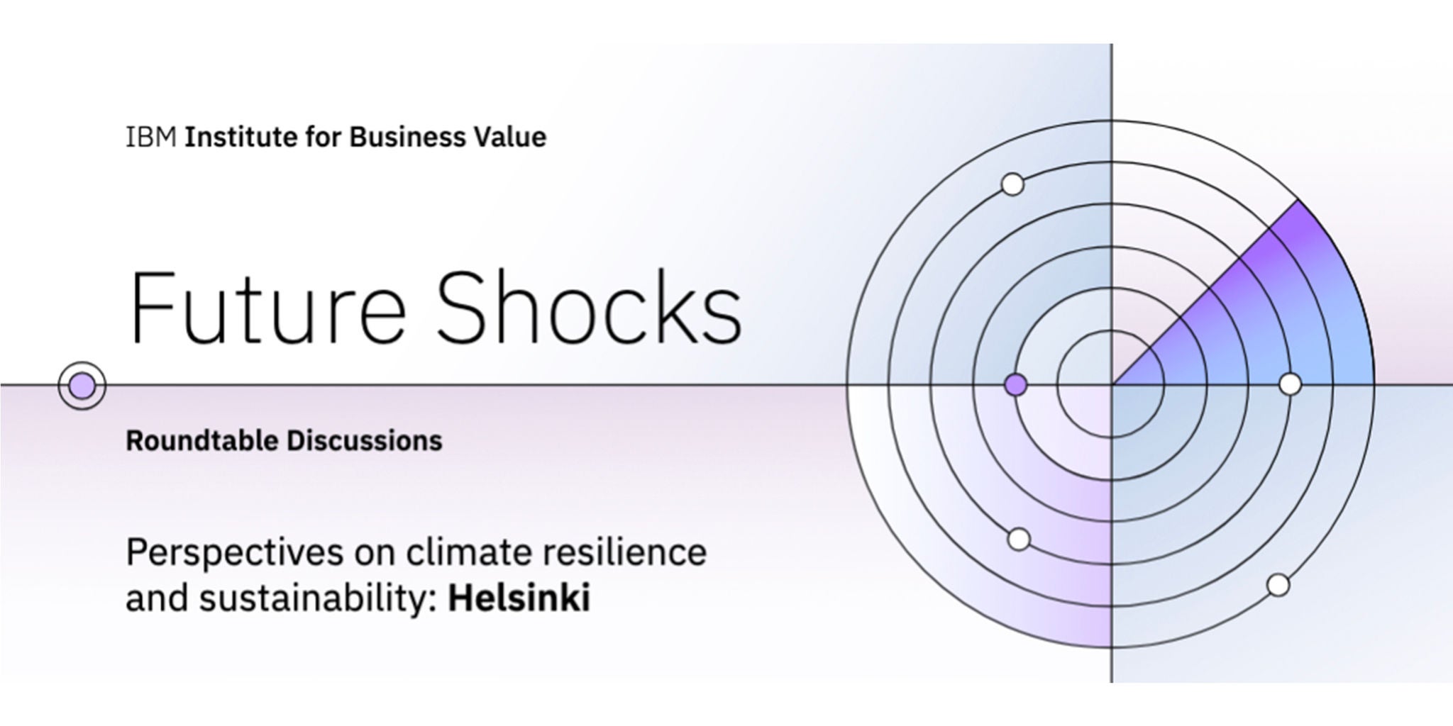 A promotional graphic for IBM Institute for Business Value's 'Future Shocks' roundtable discussions. The event focuses on climate resilience and sustainability, with a specific mention of Helsinki. The design features a circular radar-like graphic with a gradient color palette.