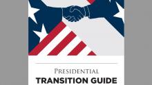 Cover artwork for a publication titled "Presidential Transition Guide." The design features two stylized hands shaking above a field of stars and stripes, evoking the United States flag. Bold red, white, and blue colors emphasize a patriotic and governmental theme. The overall composition suggests cooperation and leadership during a change in presidential administration.